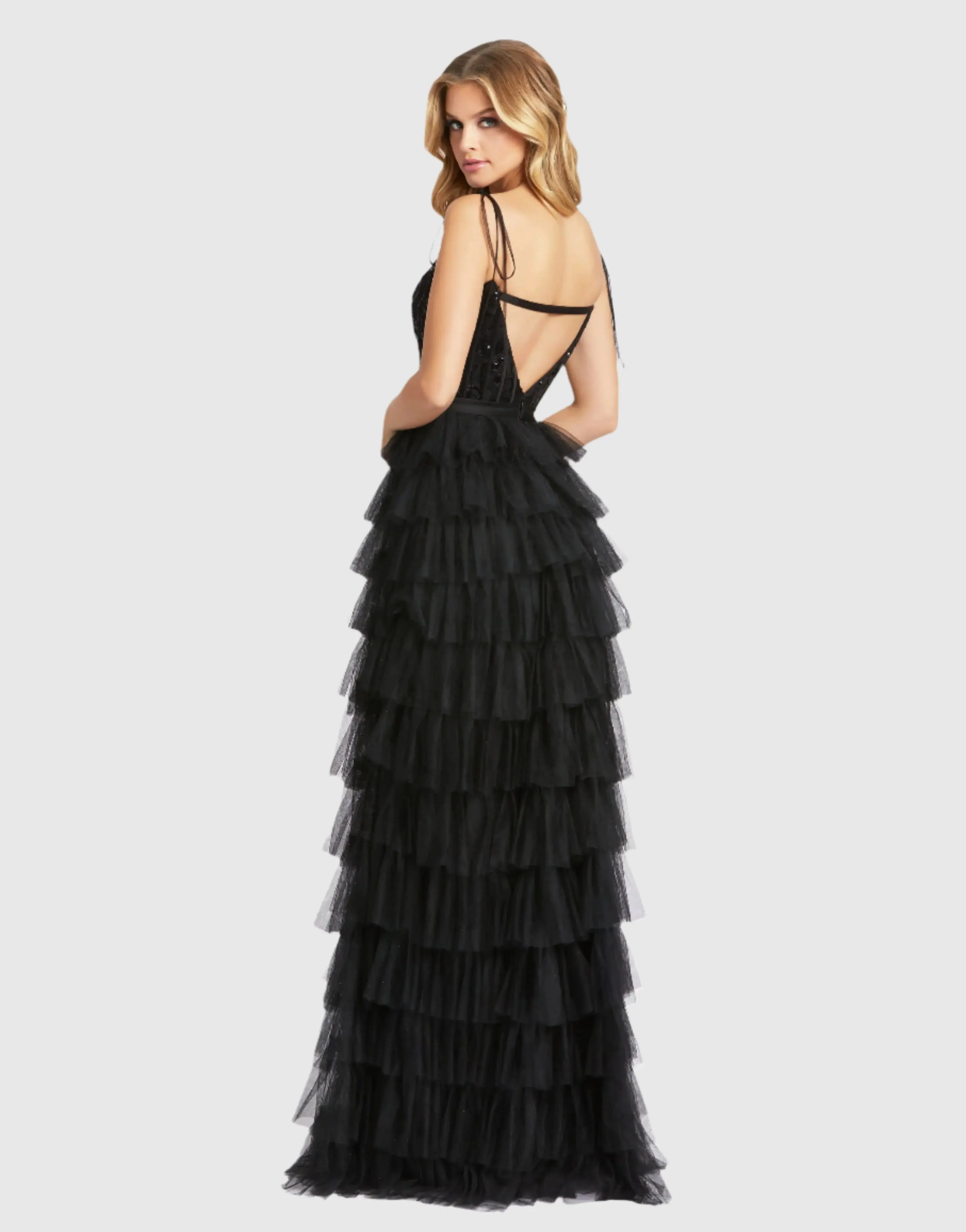 Sequined Bustier Tiered Ruffle Gown