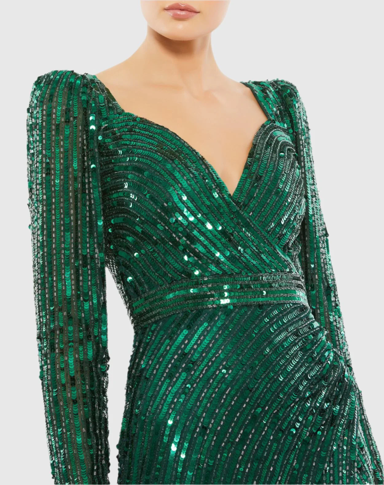 Green Sequined Sweetheart Long Sleeve Gown