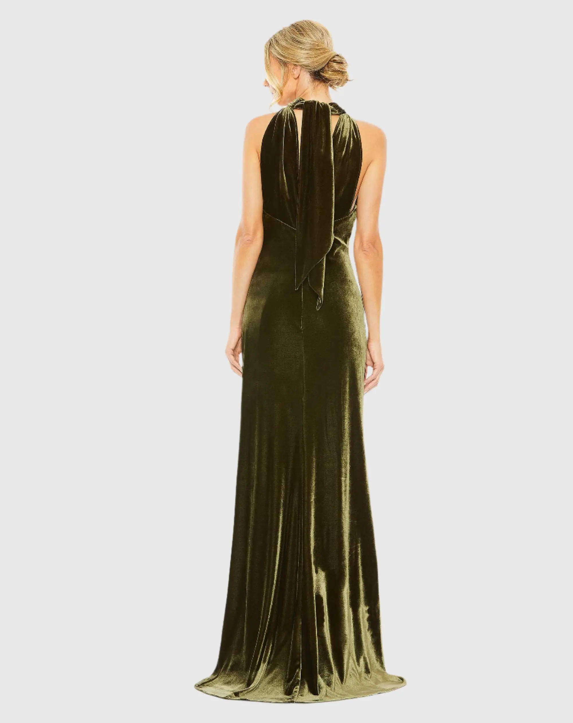 Green Halter Tie Front Slit Velvet Column Gown