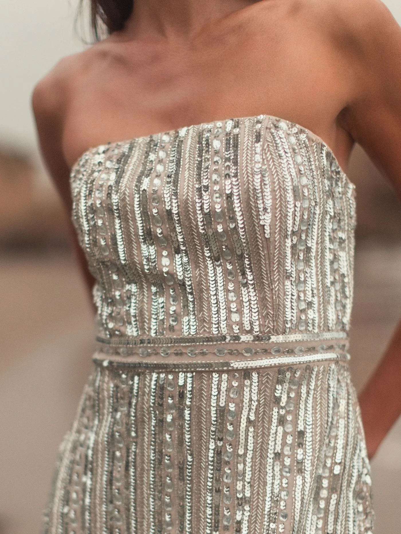 Silver and Beige Embellished Strapless Column Dress