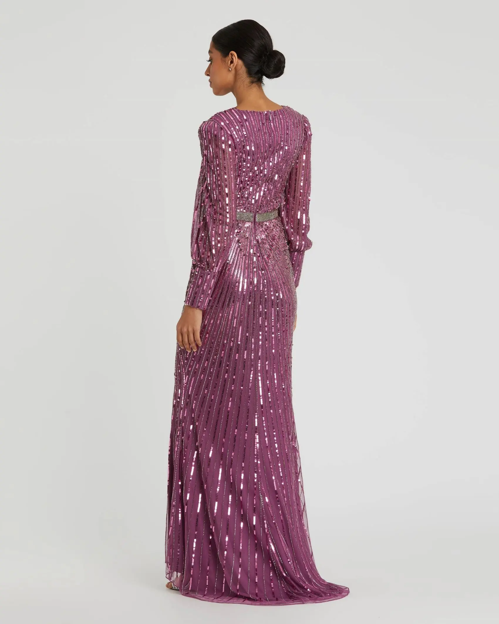 Purple Sequined Wrap Over Bishop Sleeve Gown