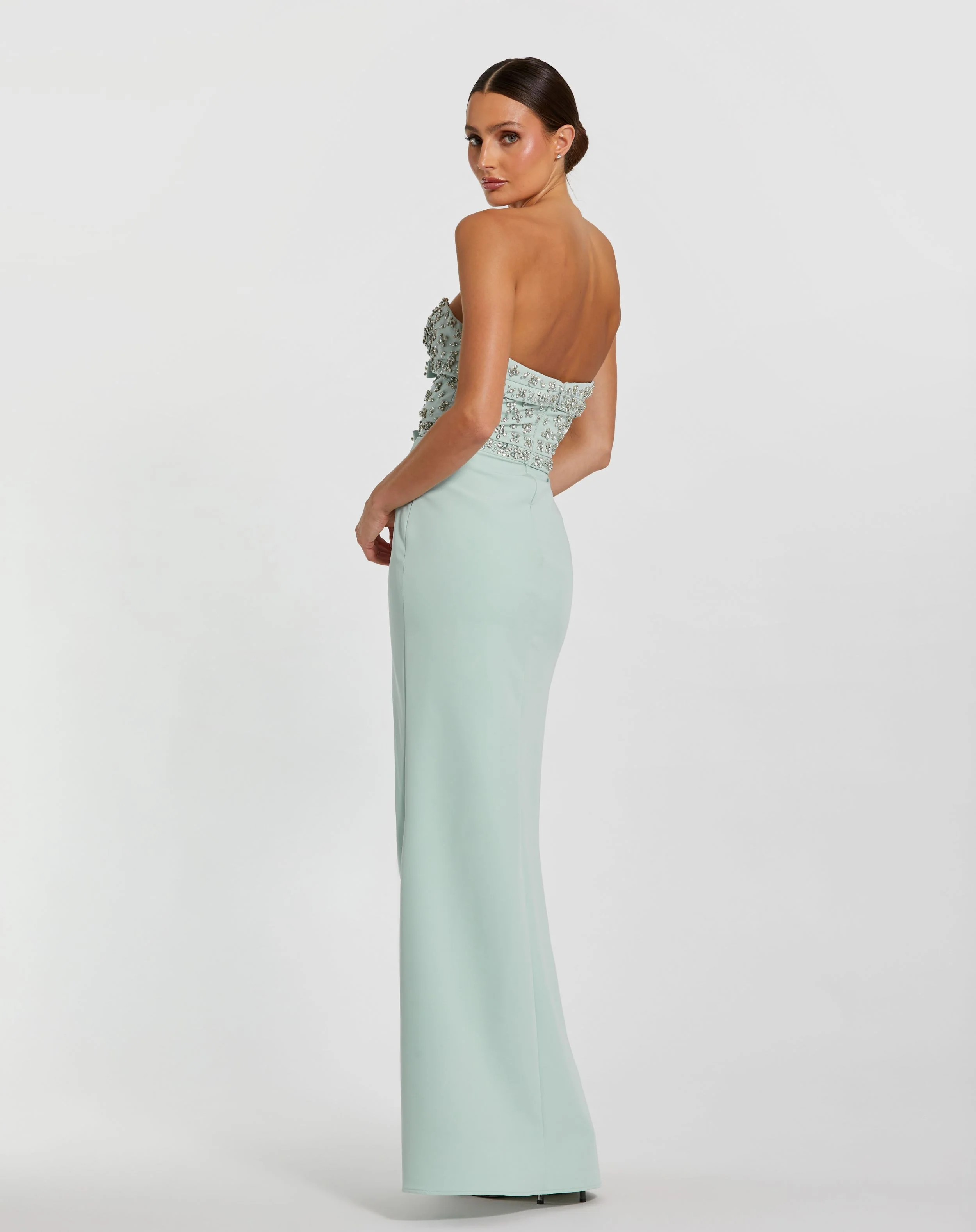 Green Strapless Crepe Fitted Gown With Rhinestones