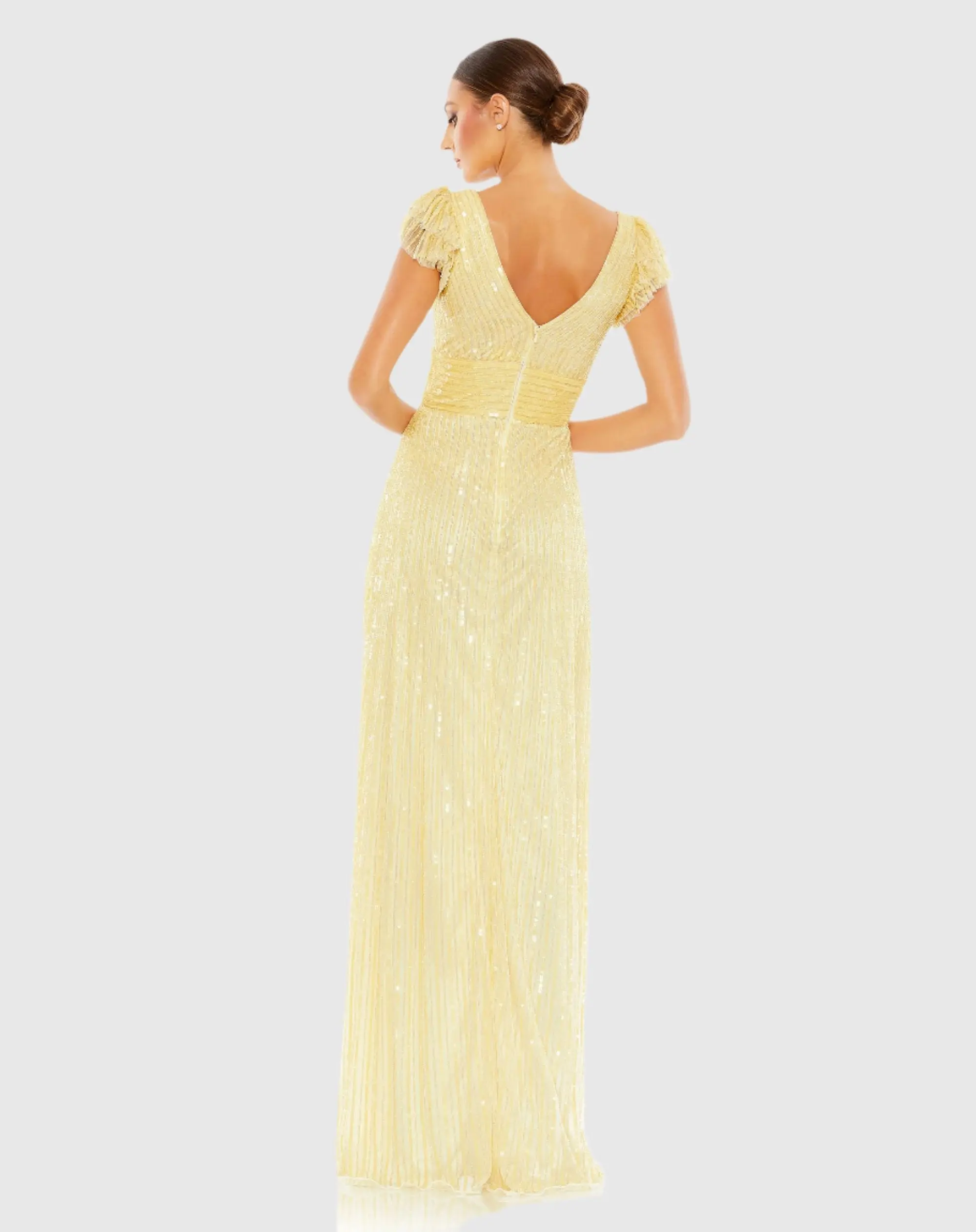 Yellow Embellished Flutter Cap Sleeve A Line Gown
