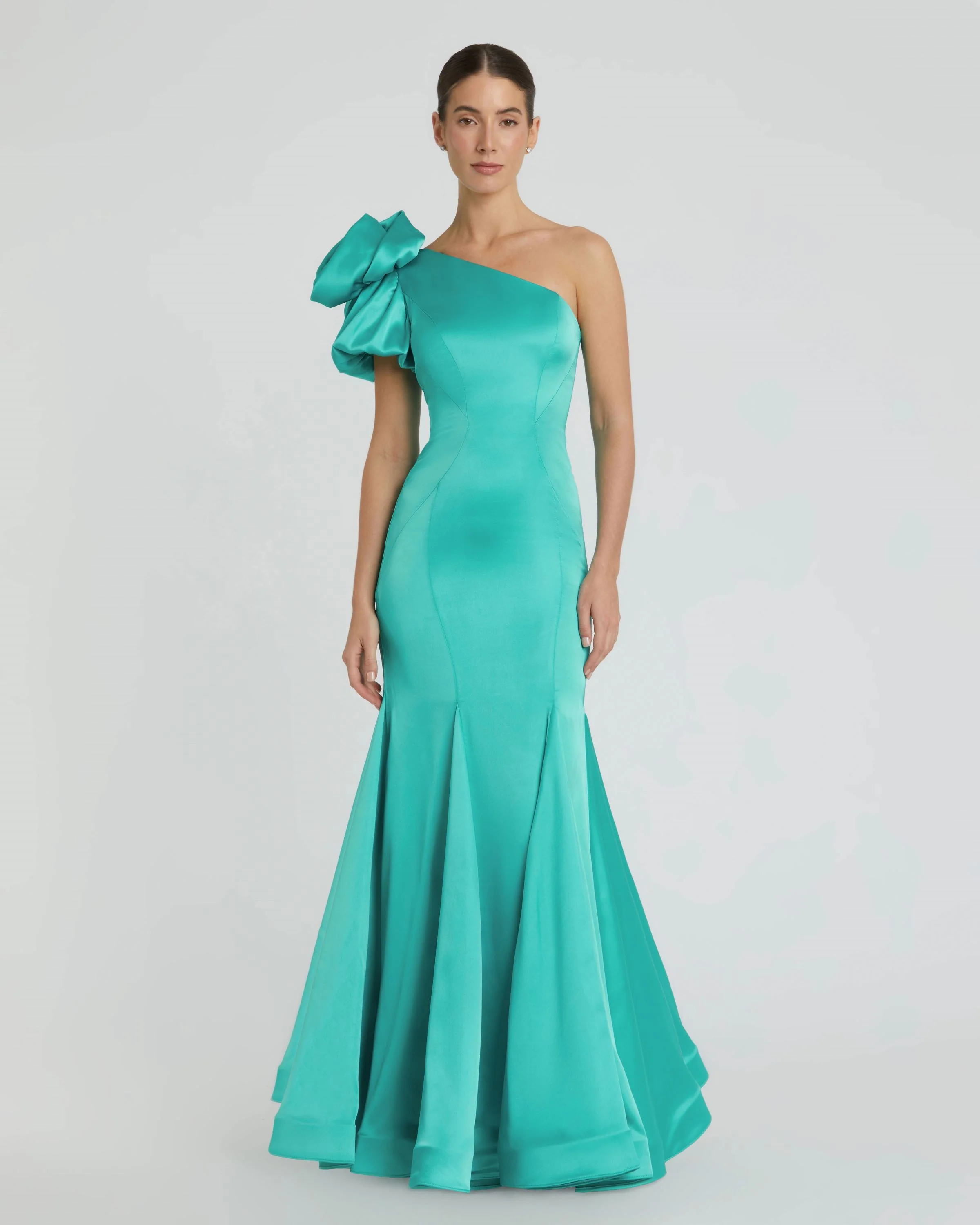Green One Shoulder Bustier Satin Mermaid Gown