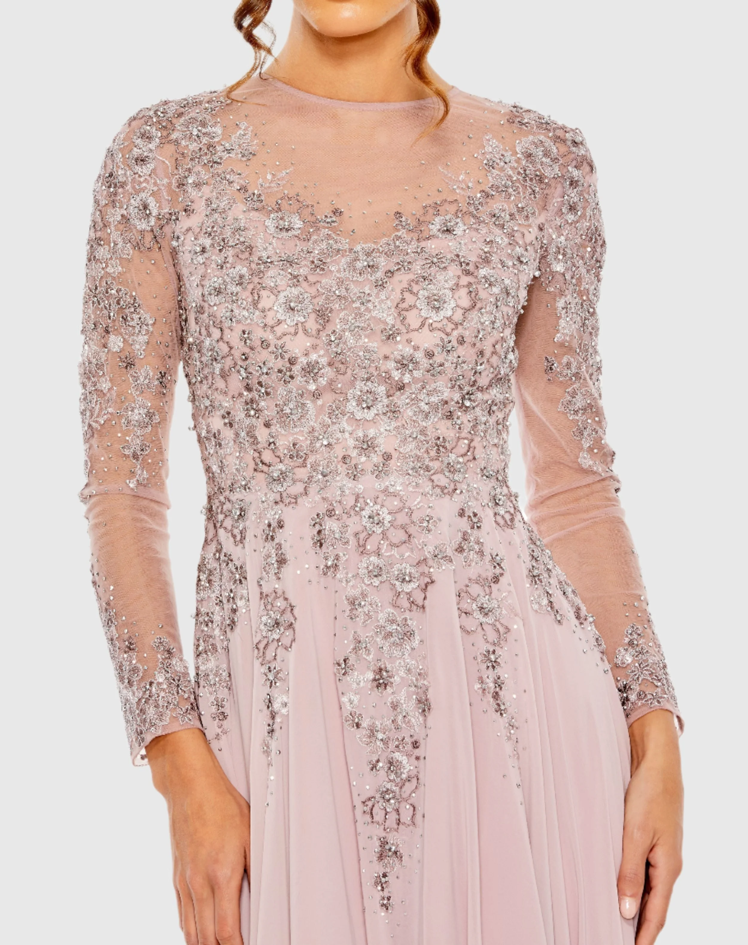 Purple High Neck Mesh Long Sleeve Embellished A Line Gown