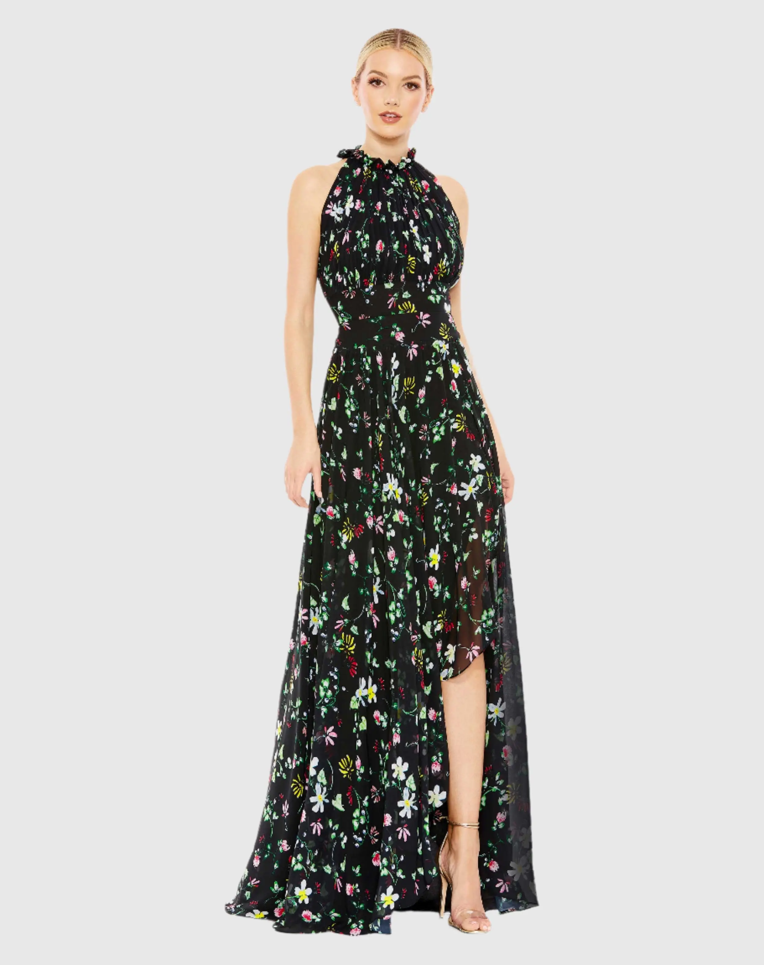 Black Floral Print Asymmetrical Ruffle Slit Halter Gown