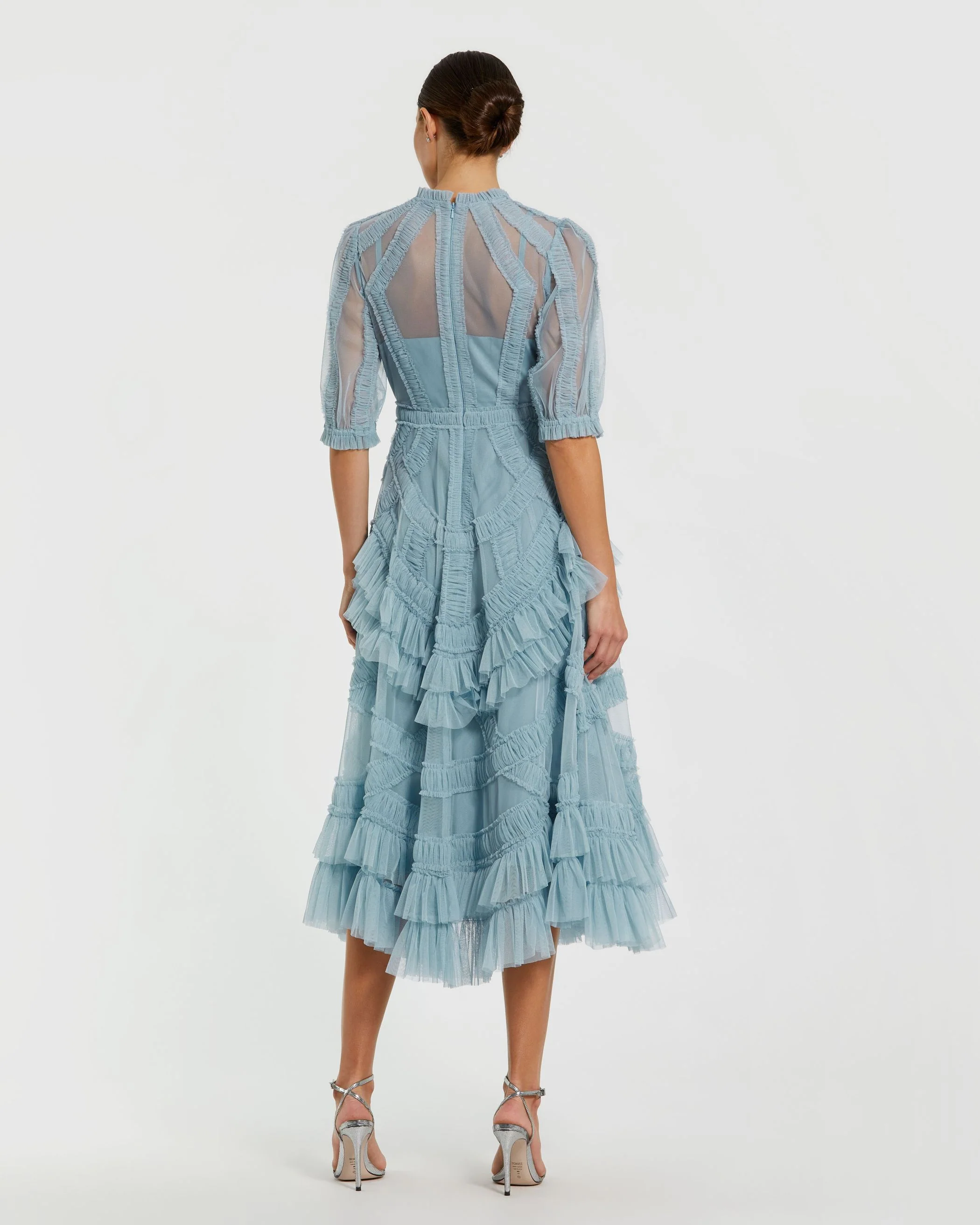 Blue High Neck Micro Ruffle Tiered Midi Dress