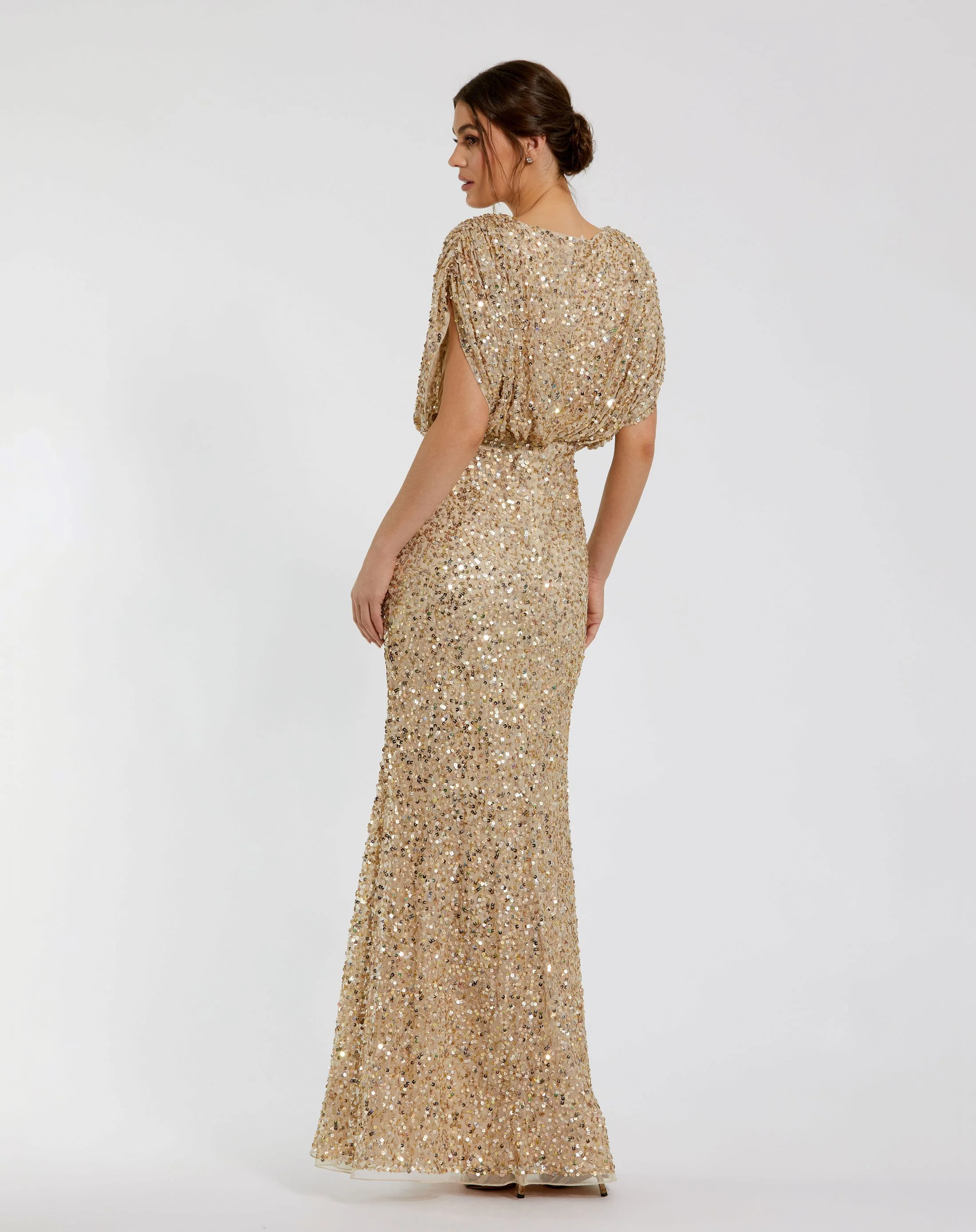 Gold Draped Sleeve V Neck Gown