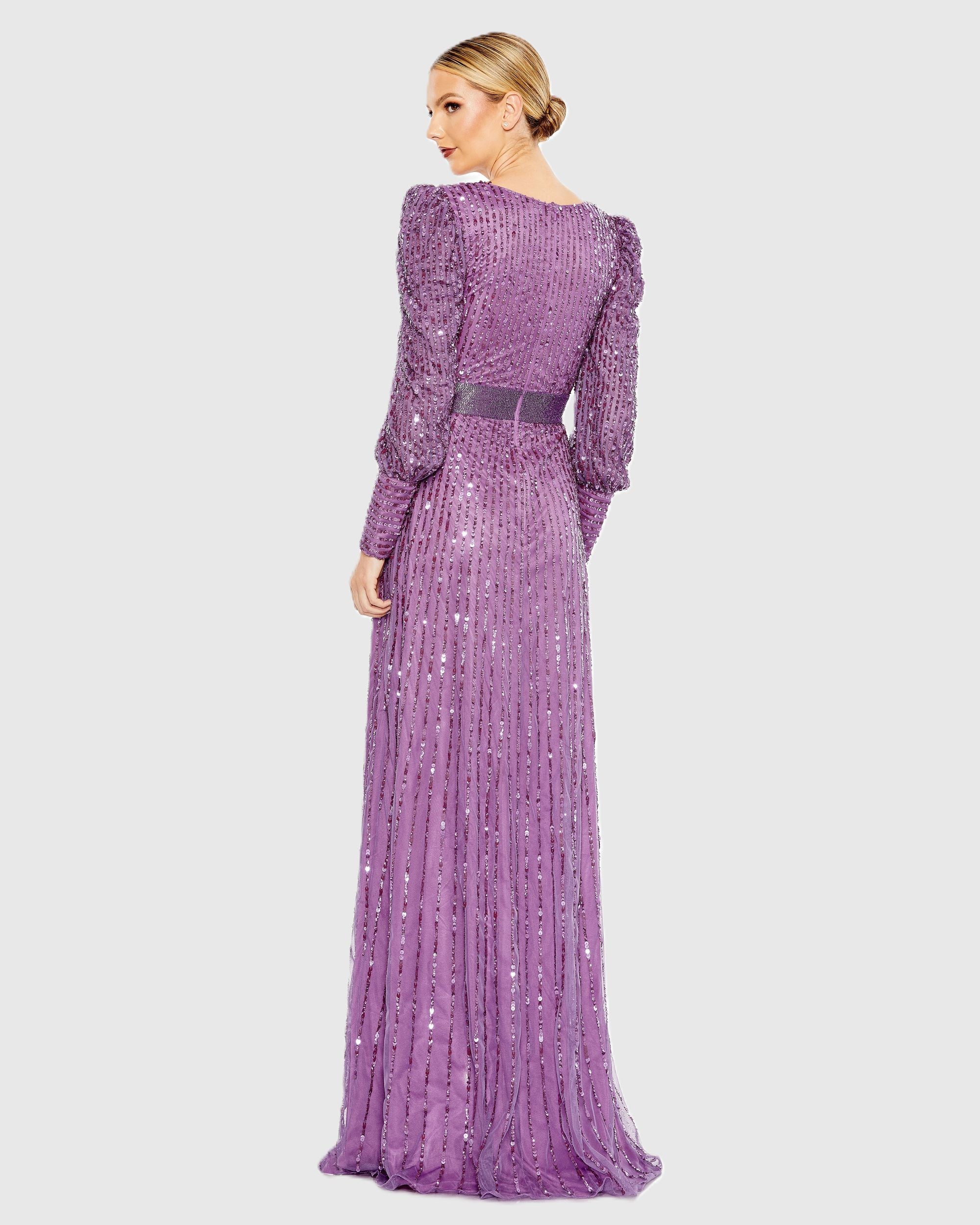 Purple Sequined Wrap Over Bishop Sleeve Gown