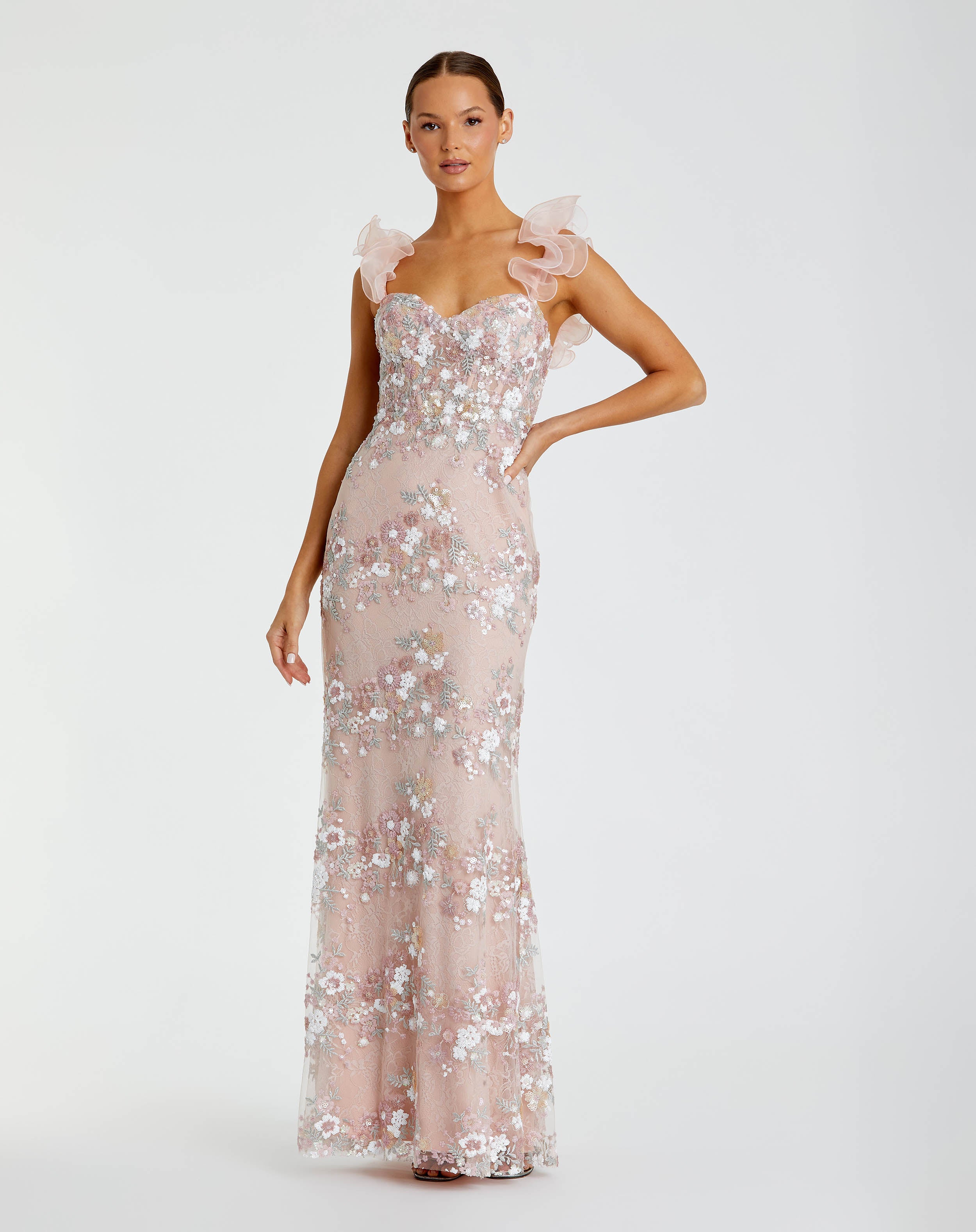 Pink Floral Embroidered Bustier Gown With Ruffle Straps