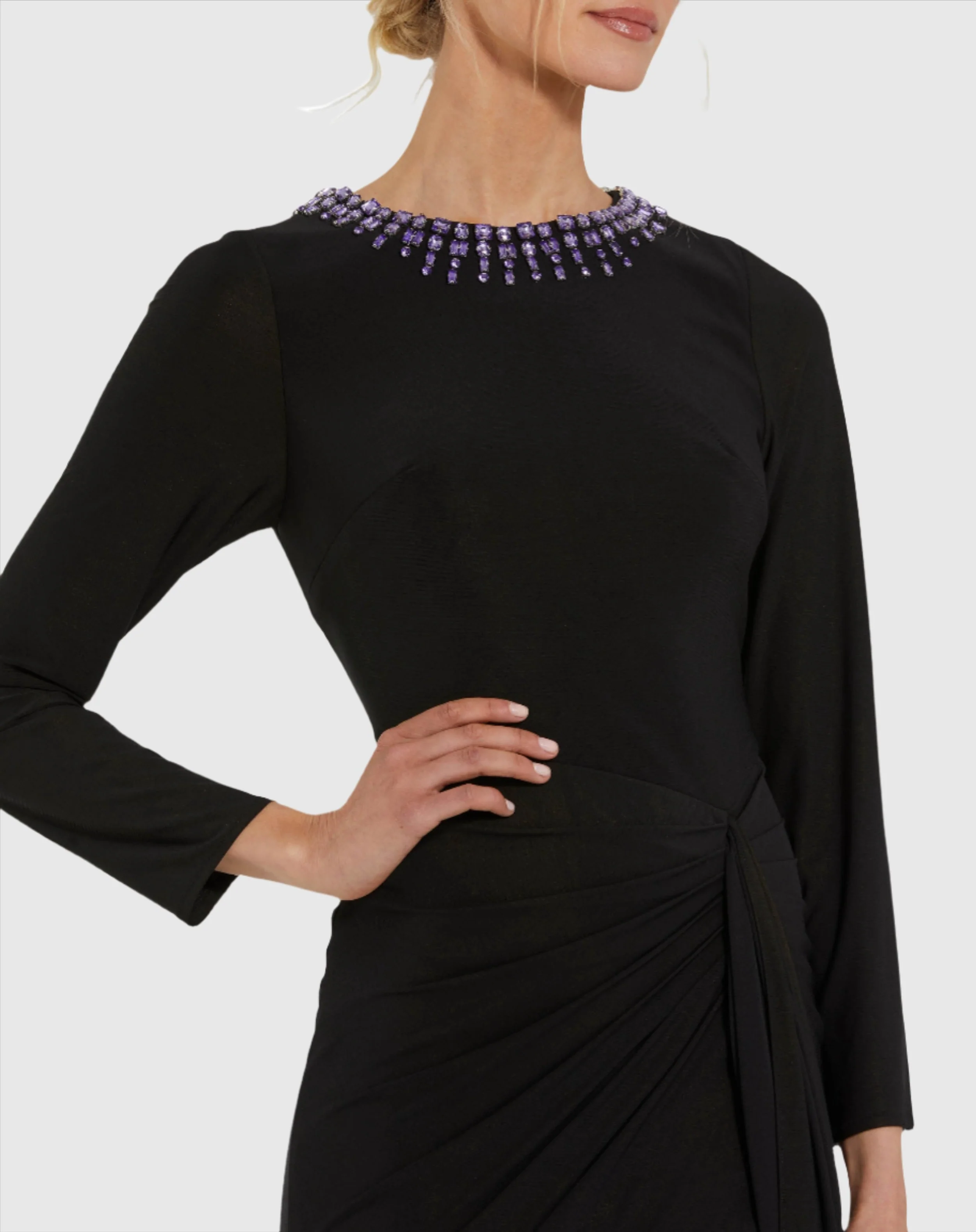 Black Long Sleeve Jersey Ruched Gown With Beaded Neck