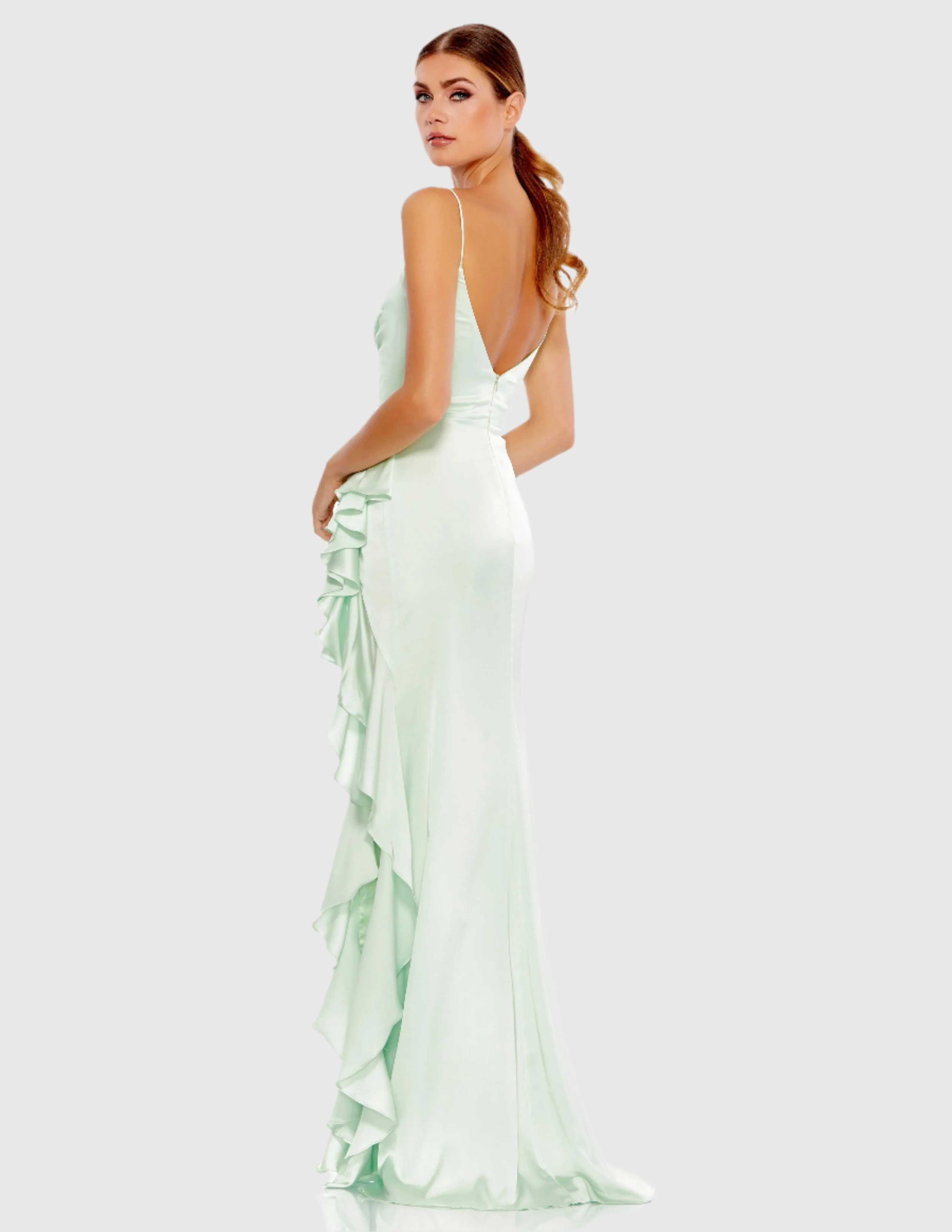 Light Green Satin Ruffled Asymmetrical Gown