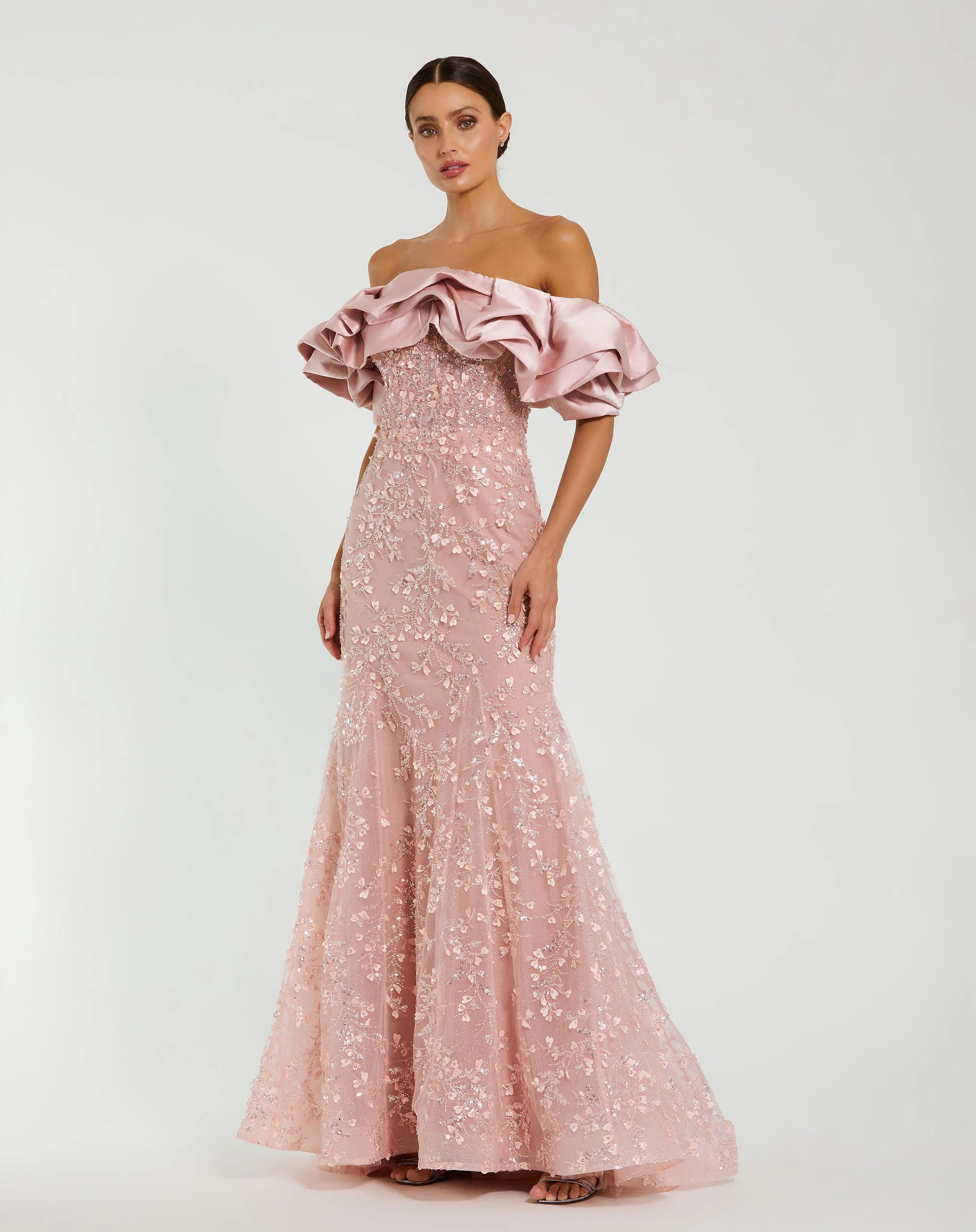Pink Beaded Applique Off The Shoulder Mermaid Gown