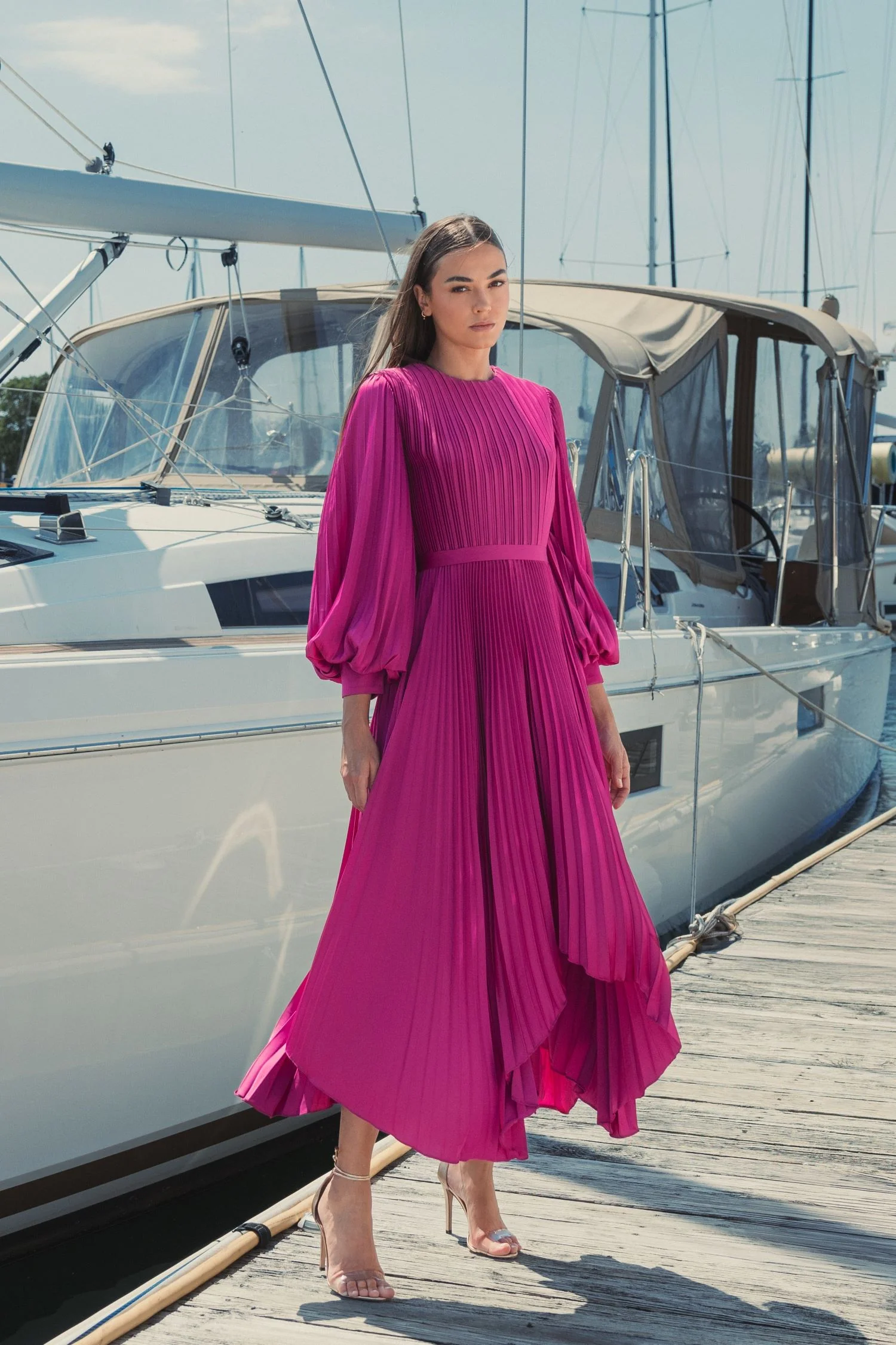 Purple Long Sleeve Pleated Handkerchief Dress