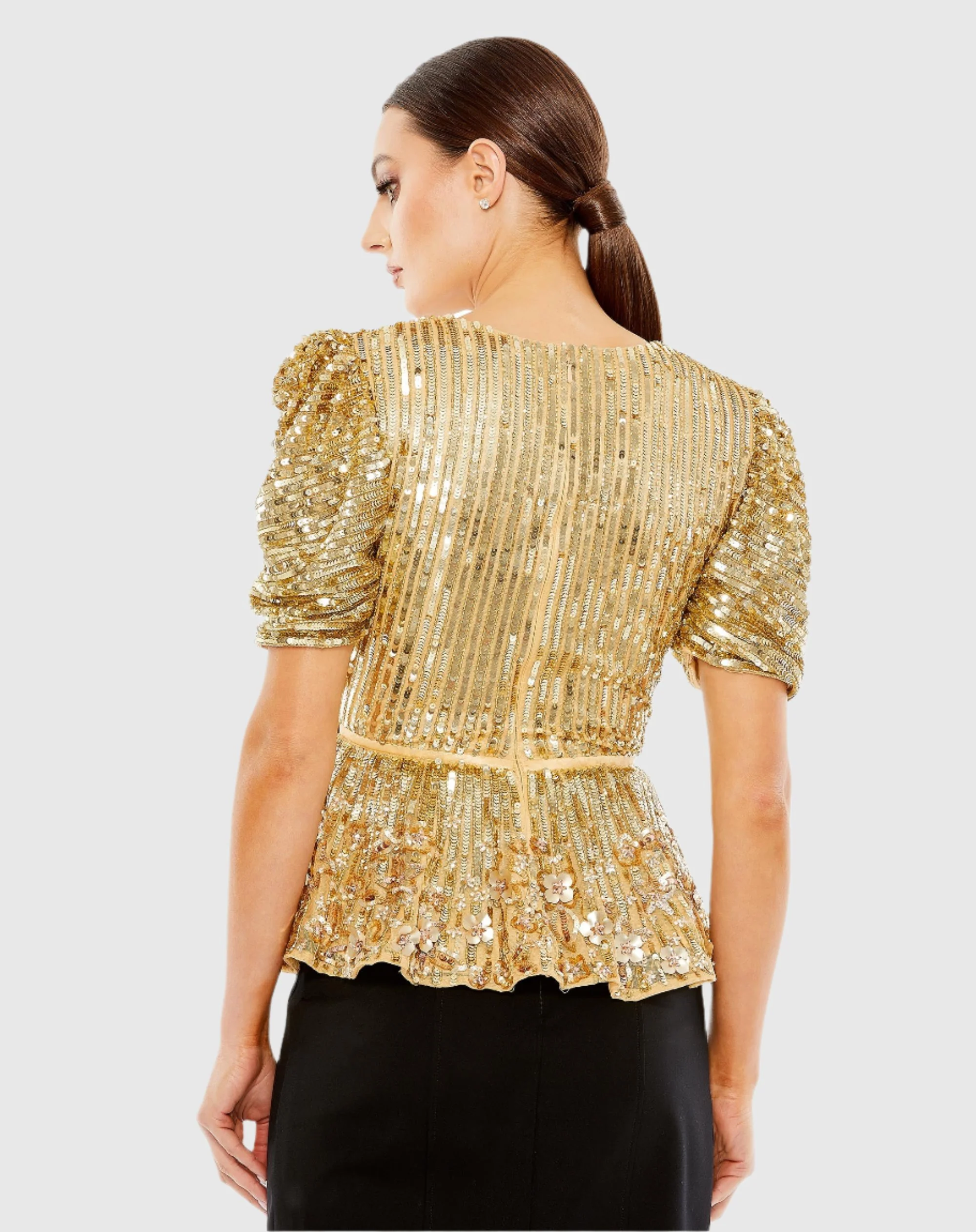 Sequined Puff Sleeve Faux Wrap Top - FINAL SALE