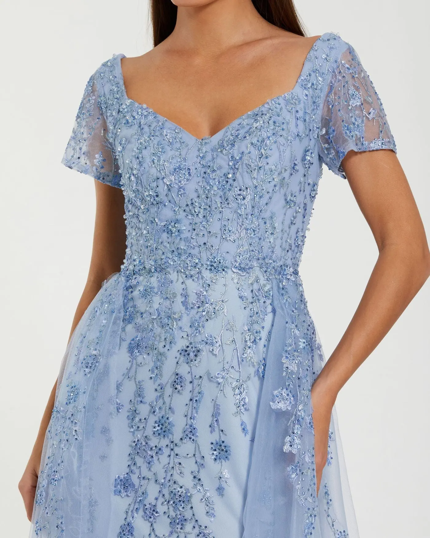Blue Cap Sleeve Beaded Embroidered Overskirt Gown
