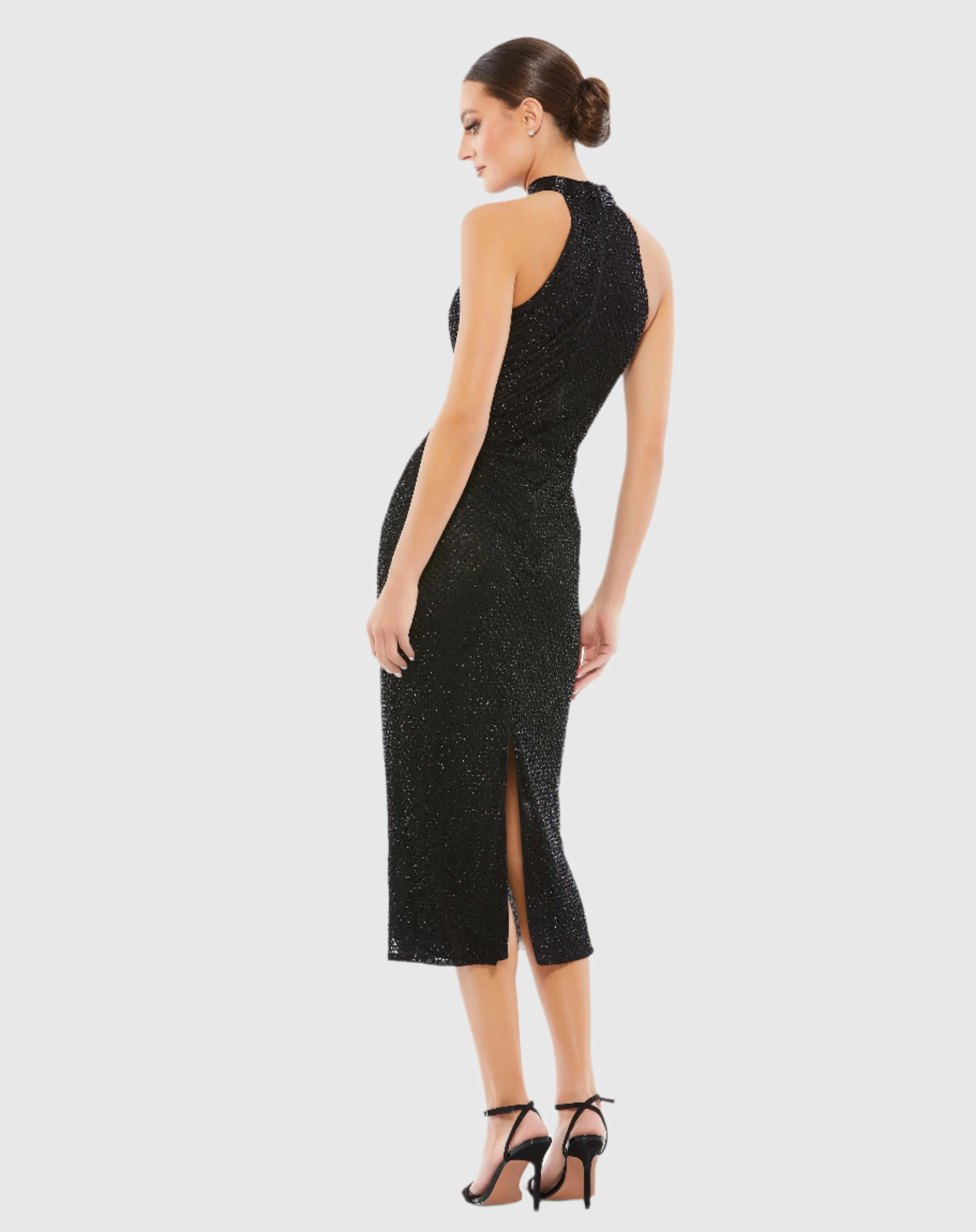 Black Beaded Halter Neck Midi Dress