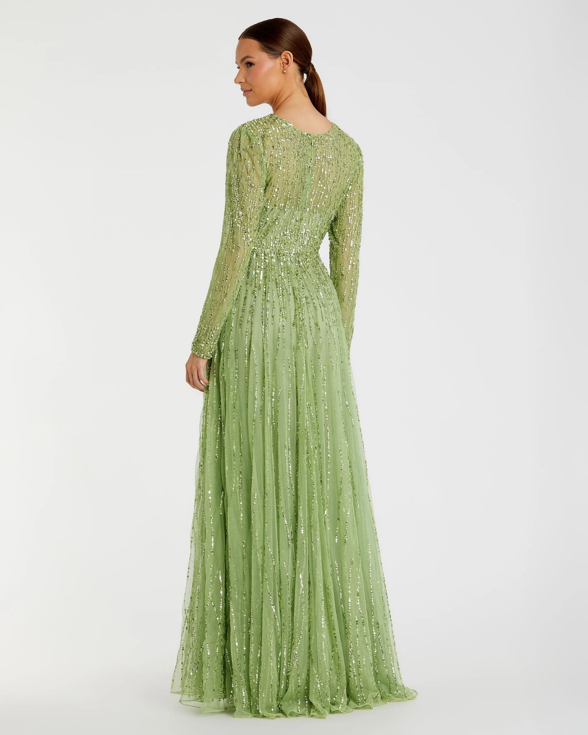 Green Sequined Illusion High Neck Long Sleeve Gown