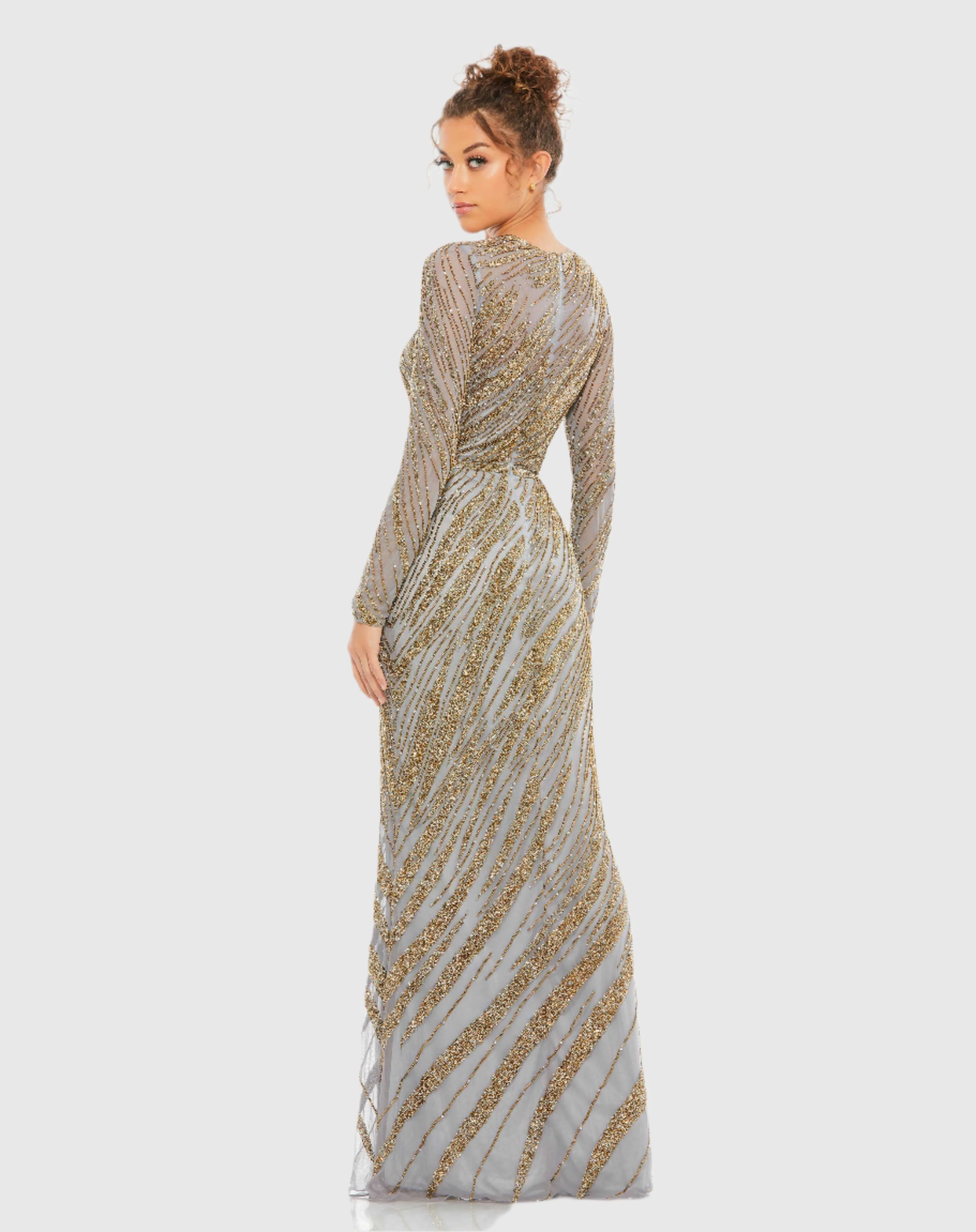 Gold Long Sleeve Beaded Column Gown