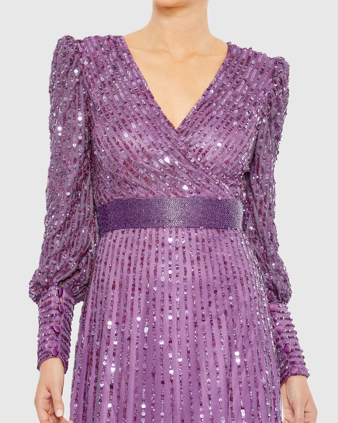 Purple Sequined Wrap Over Bishop Sleeve Gown