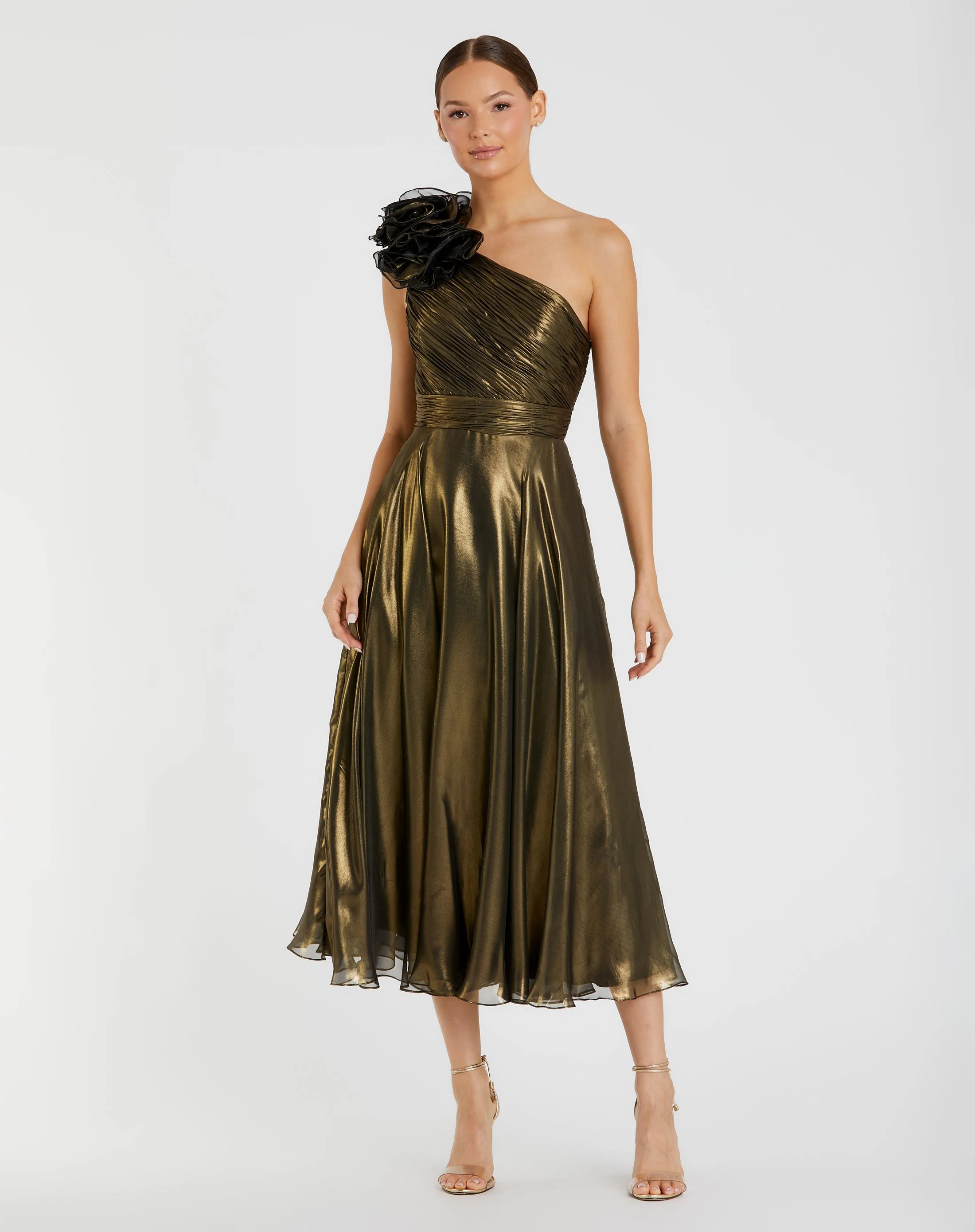 Gold Rosette One Shoulder Tea Length Dress