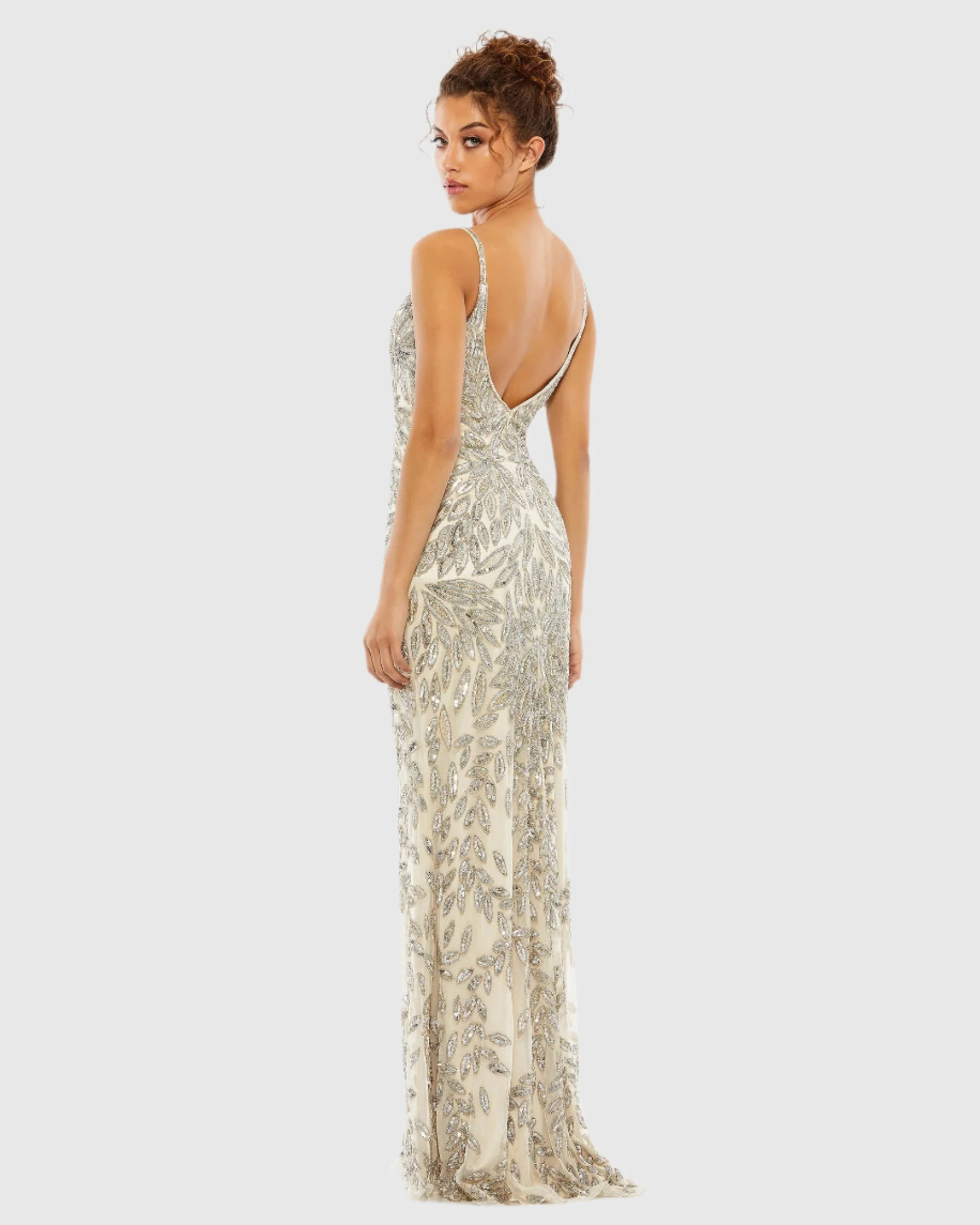 Silver Embellished Leaf Evening Gown