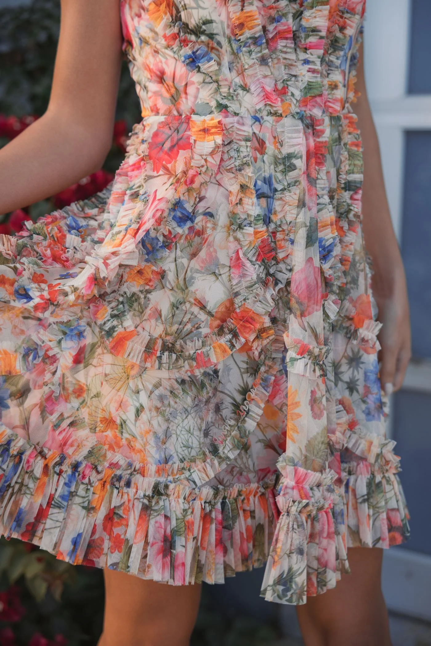 Multicolor Mesh Micro Ruffle High Neck Mini Dress