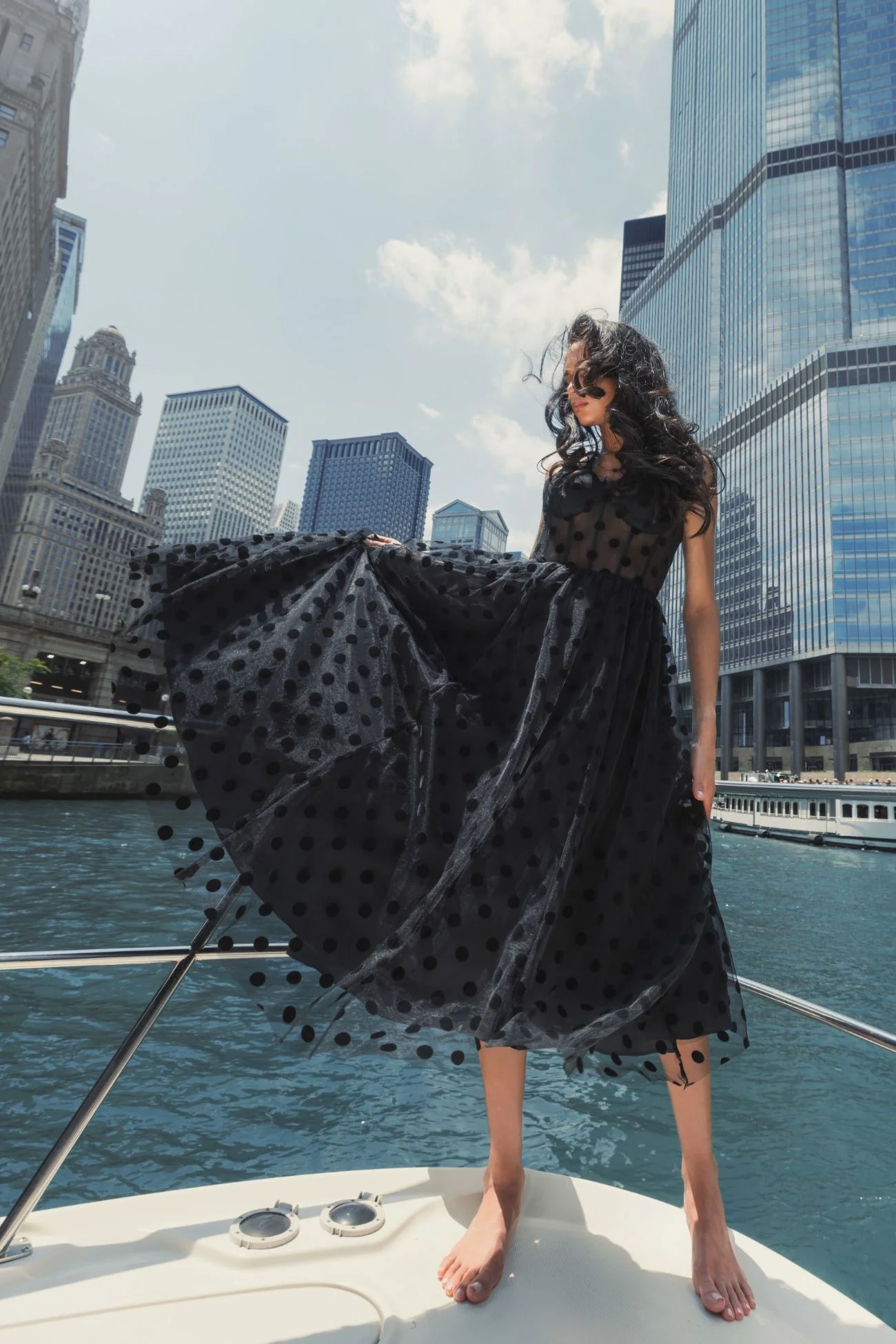 Black Polka Dot Net Bustier A-Line Midi Dress