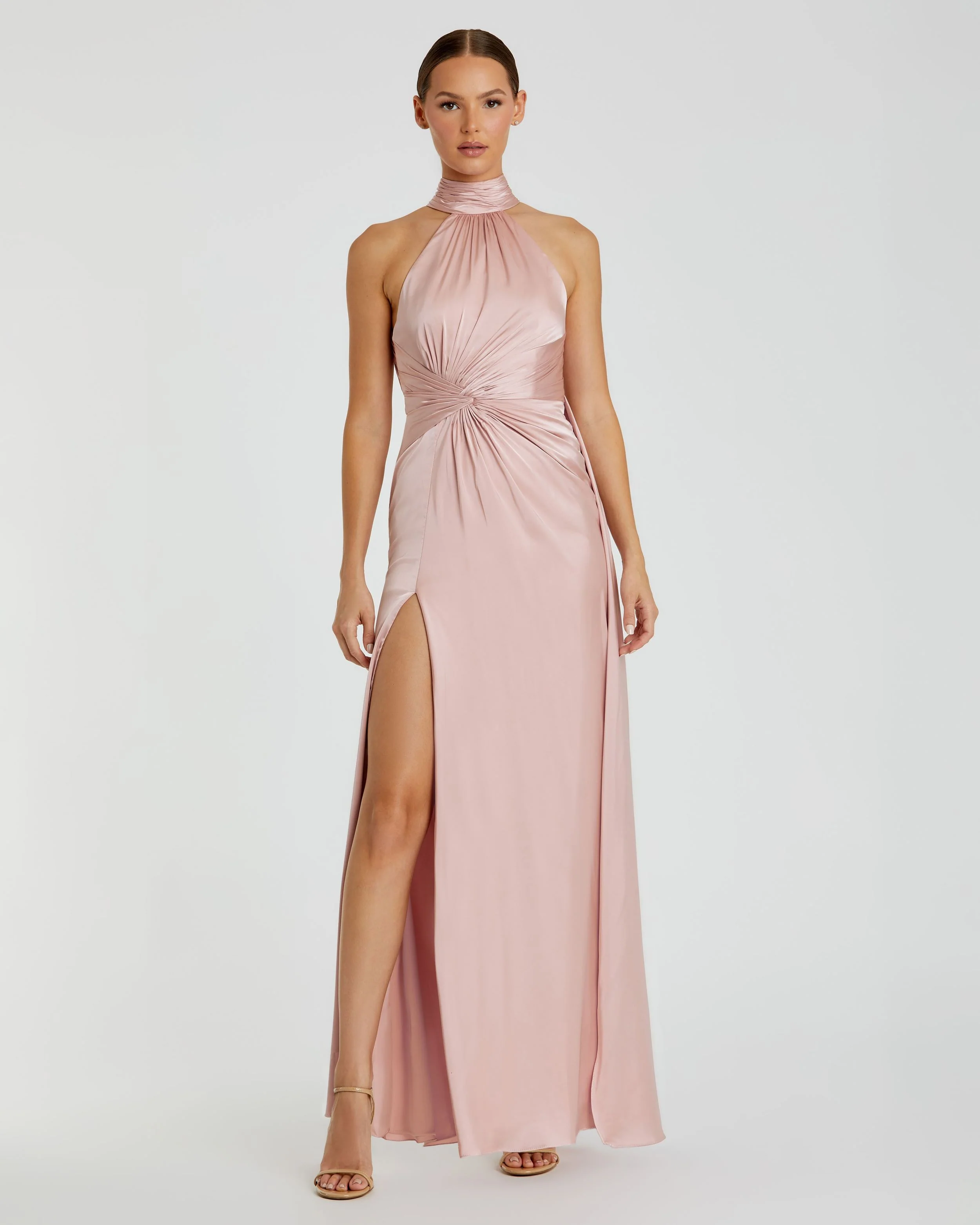 Pink Open Back High Neck Side Ruched Gown