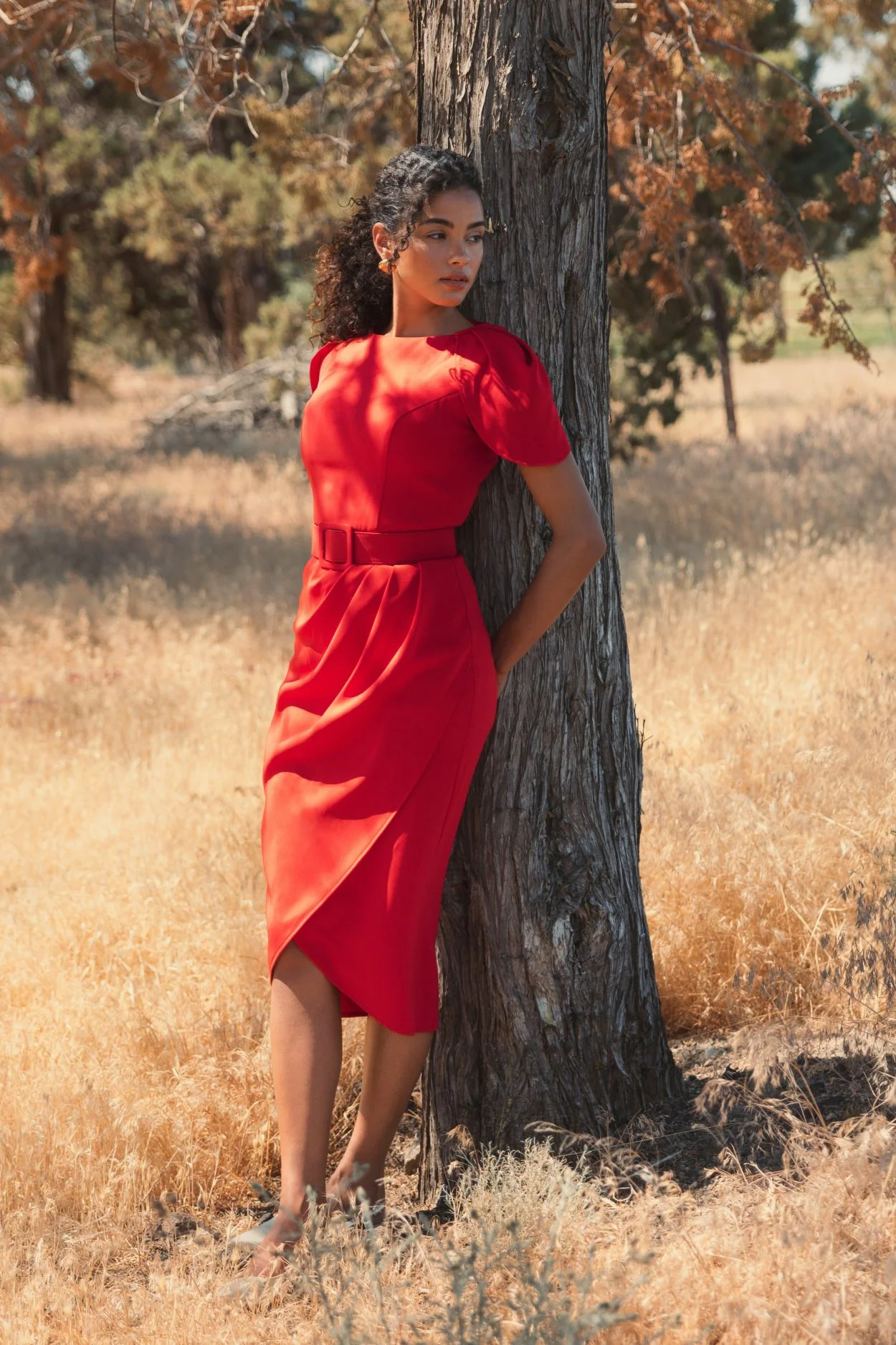 Red Crepe Boat Neck Midi Tulip Dress With Belt
