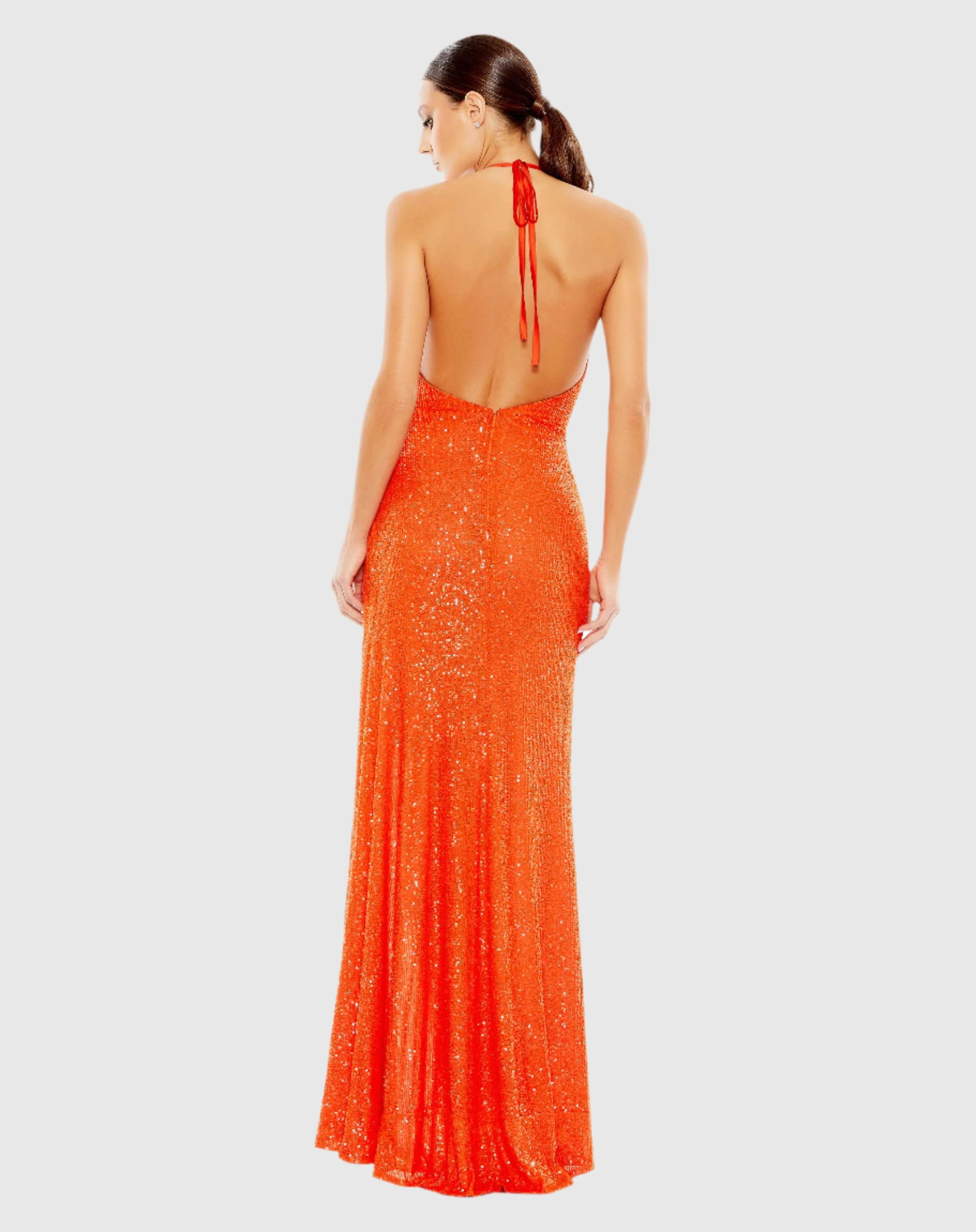 Orange Sequin Open Back Halter Neck Gown
