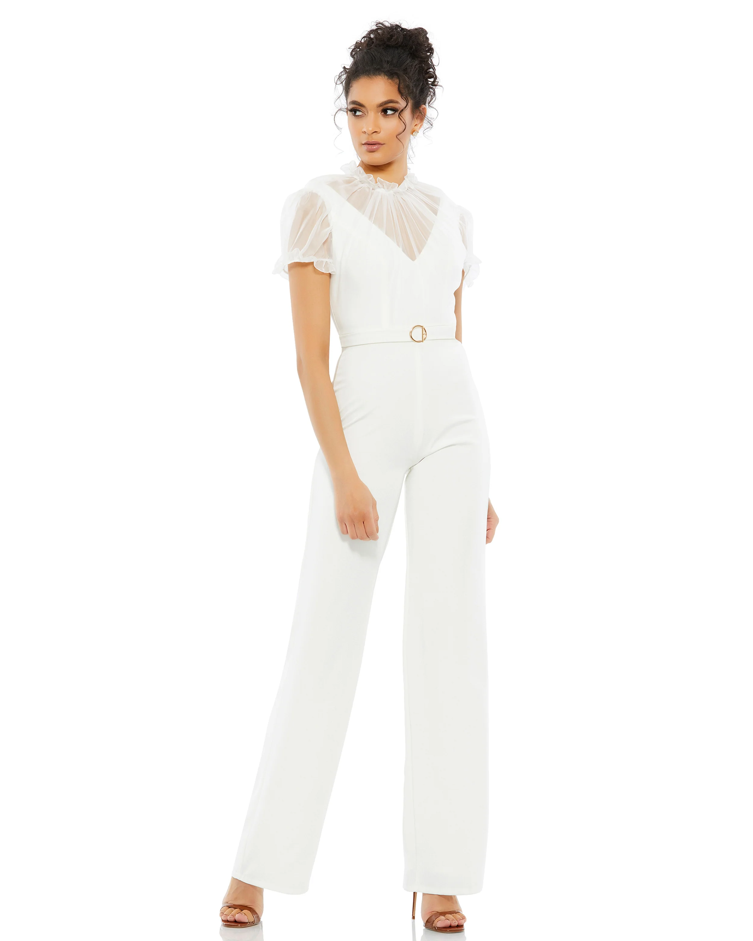 Belted Illusion High Neck Cap Sleeve Jumpsuit