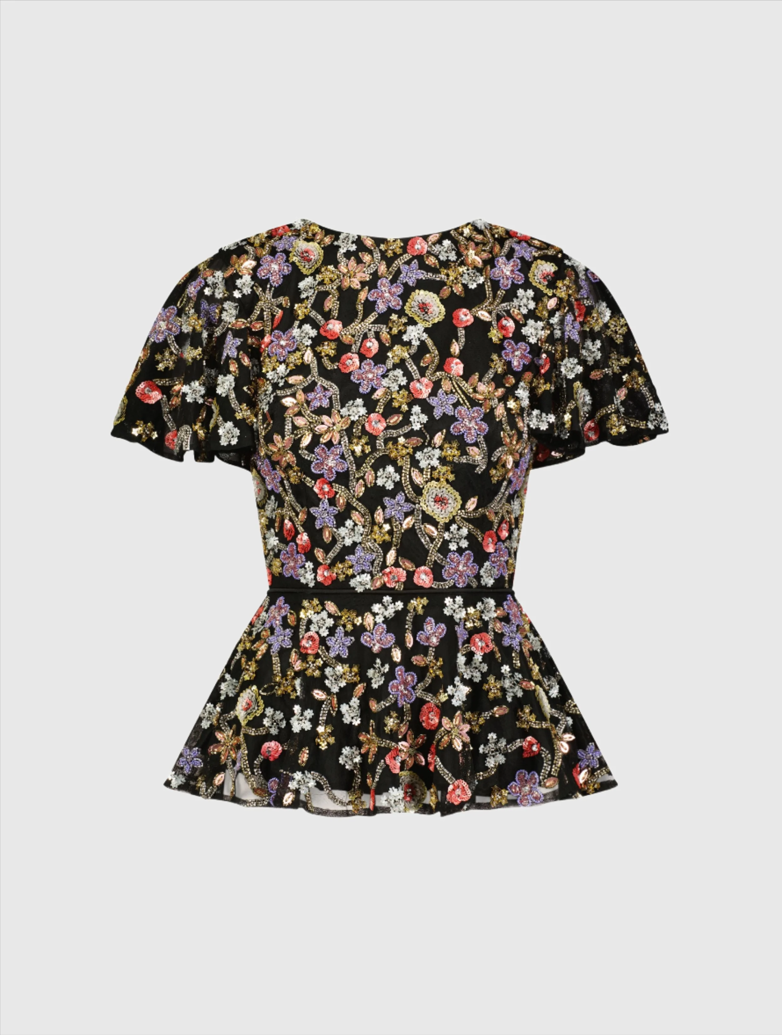 Floral Embellished Butterfly Sleeve Peplum Top - FINAL SALE