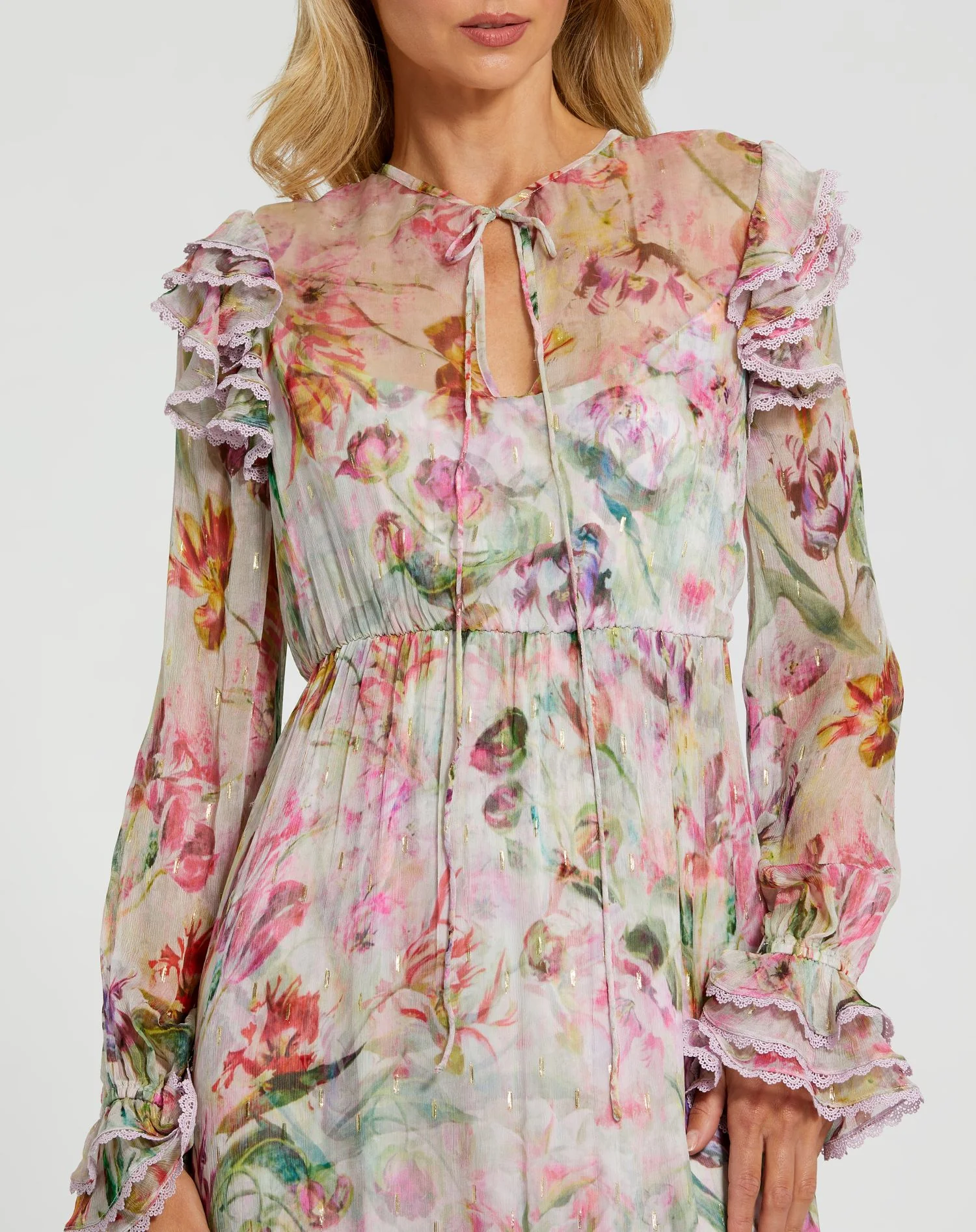 Multicolor Long Sleeve Tie Neck Ruffle Detail Floral Dress