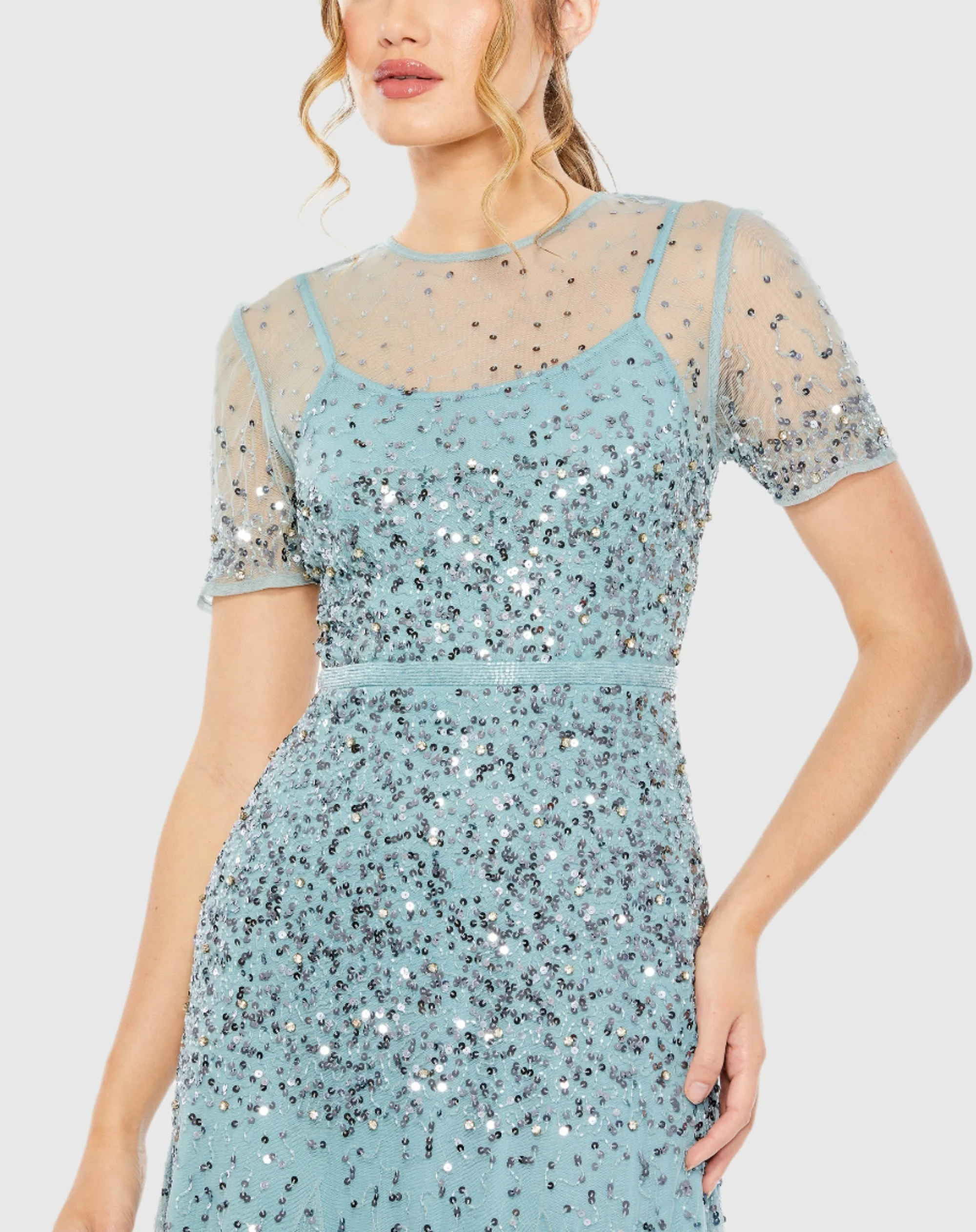 Blue High Neck Short Sleeve Sequin Embellished Gown