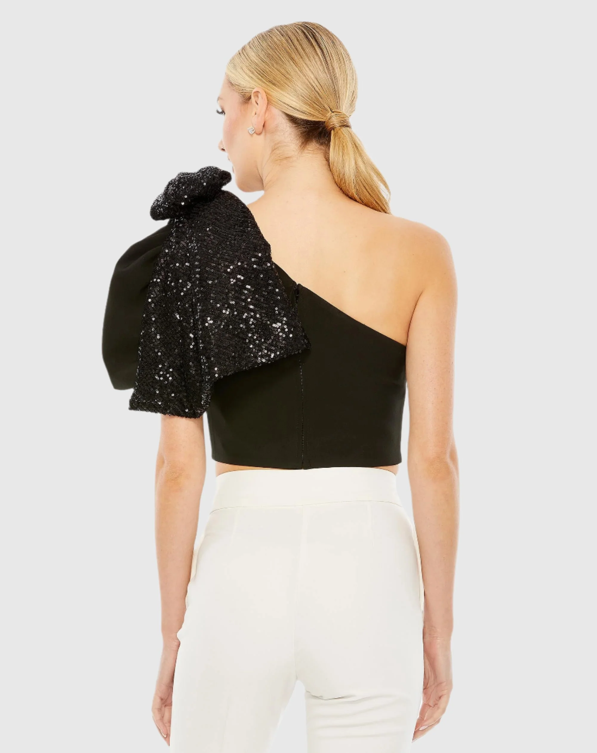 One Shoulder Sequin Bow Short Sleeve Top - FINAL SALE