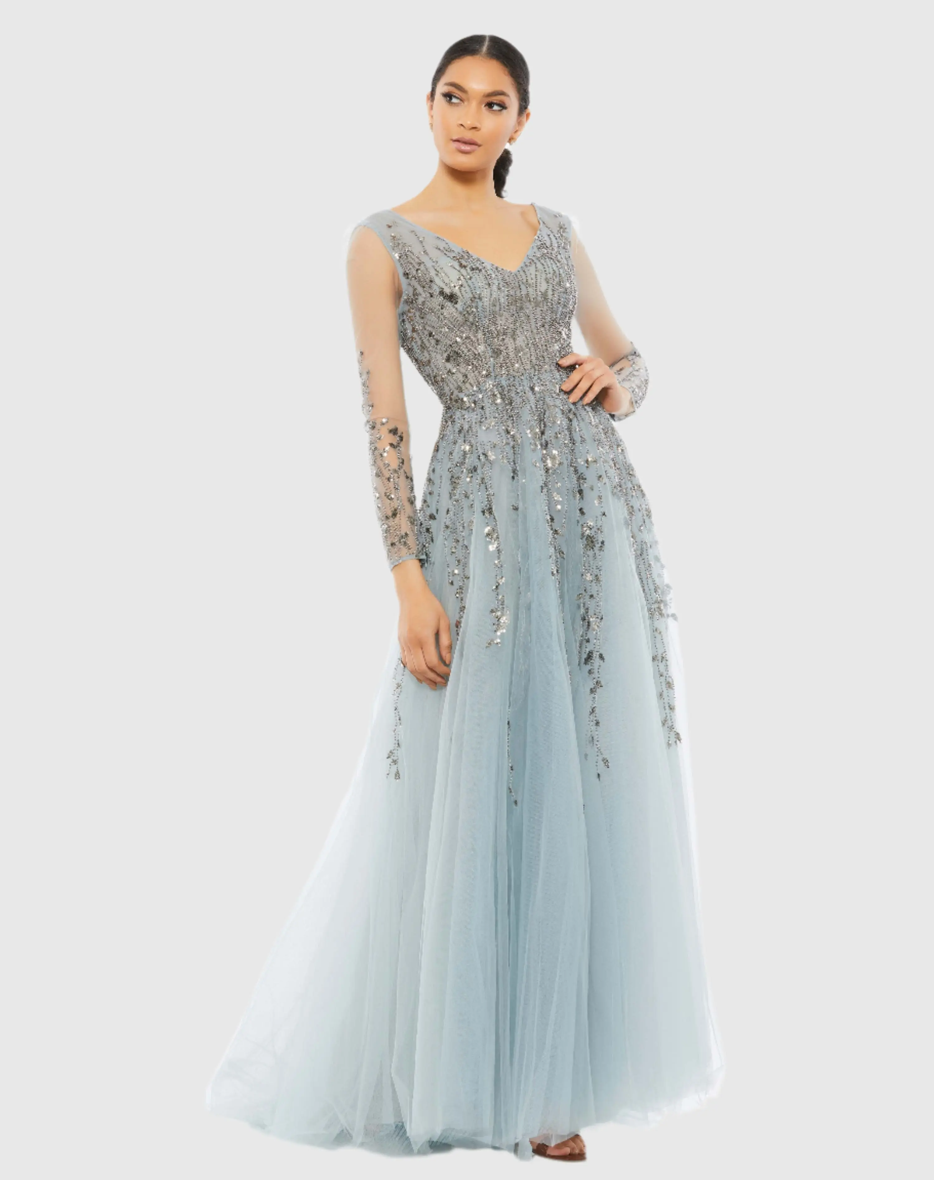 Blue Embellished V Neck Long Sleeve A Line Gown