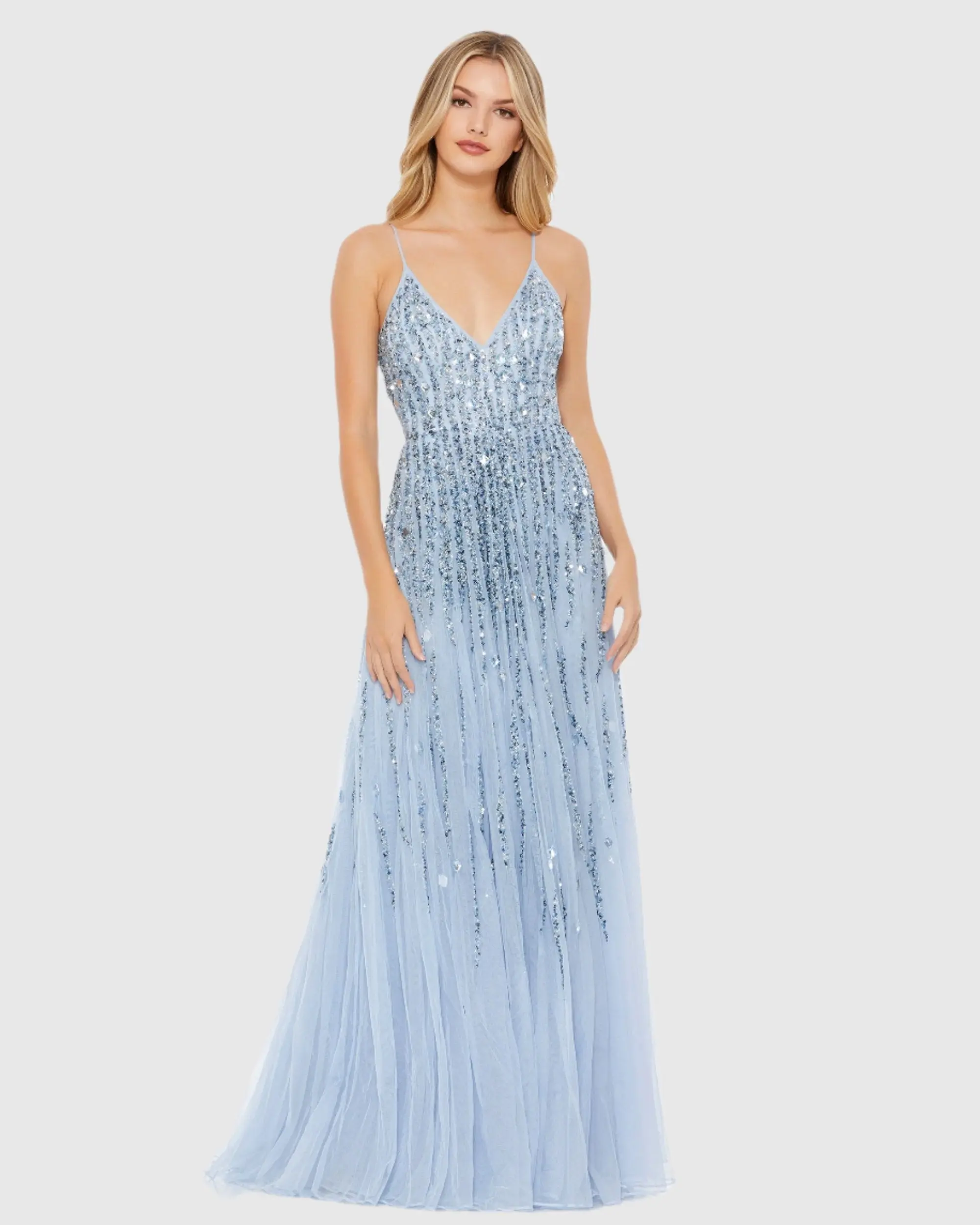 Embellished V Neck Sleeveless A Line Gown