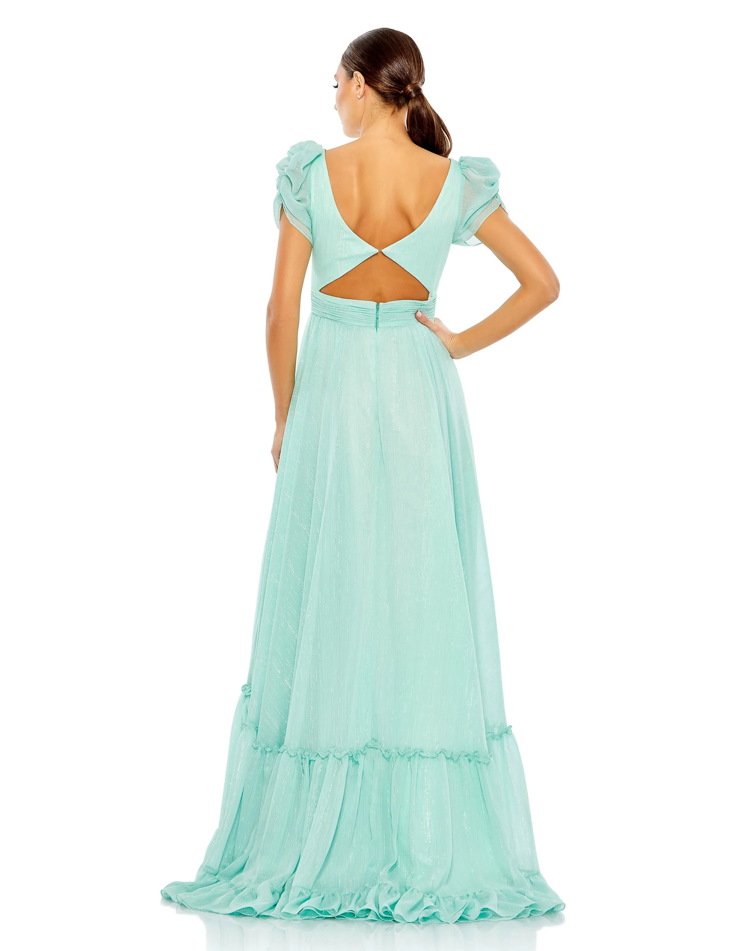 Tassle Tie Puff Sleeve Ruffle A Line Gown | Sample | Sz. 2