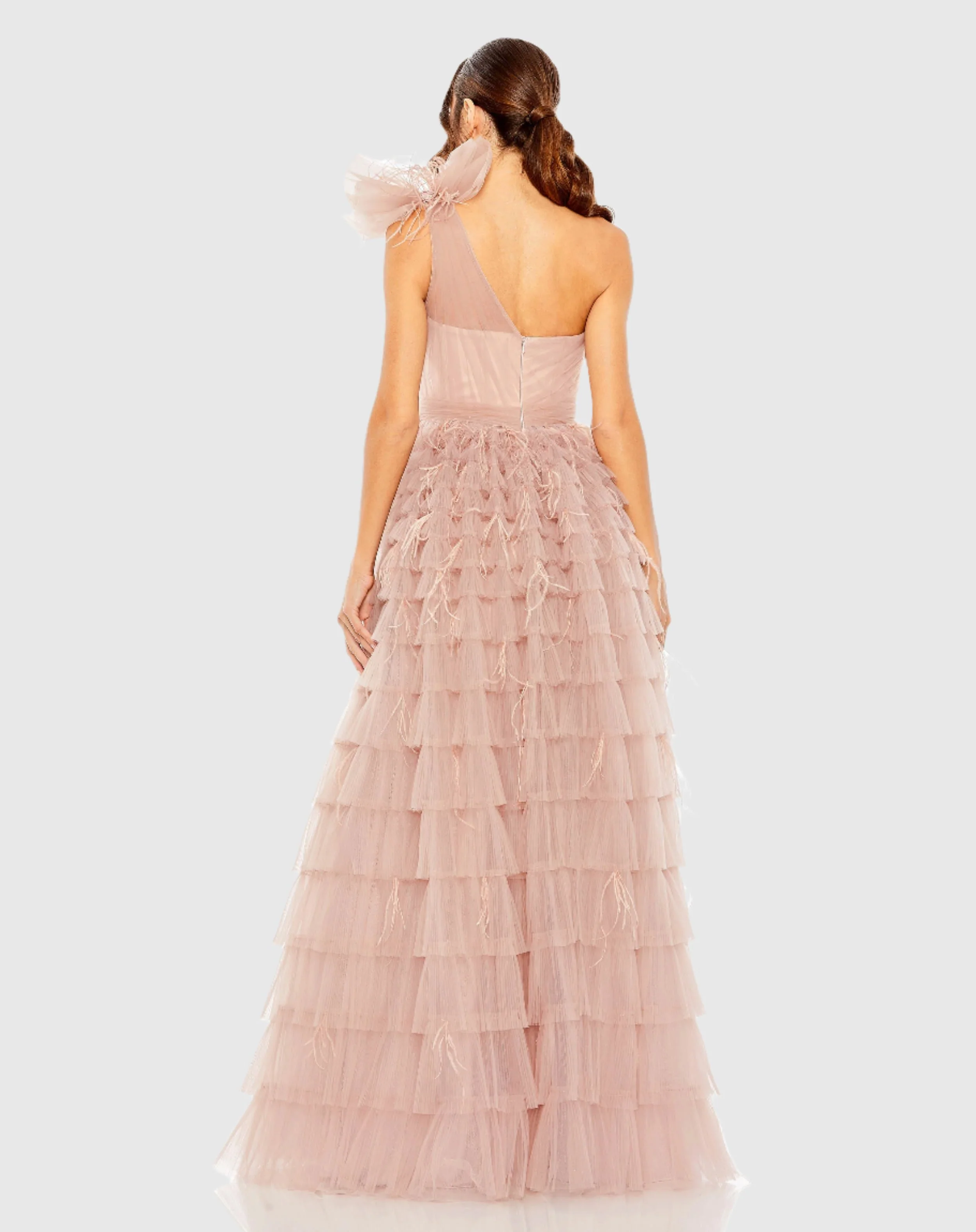 Pink One Shoulder Faux Bow Feather Tiered A Line Gown