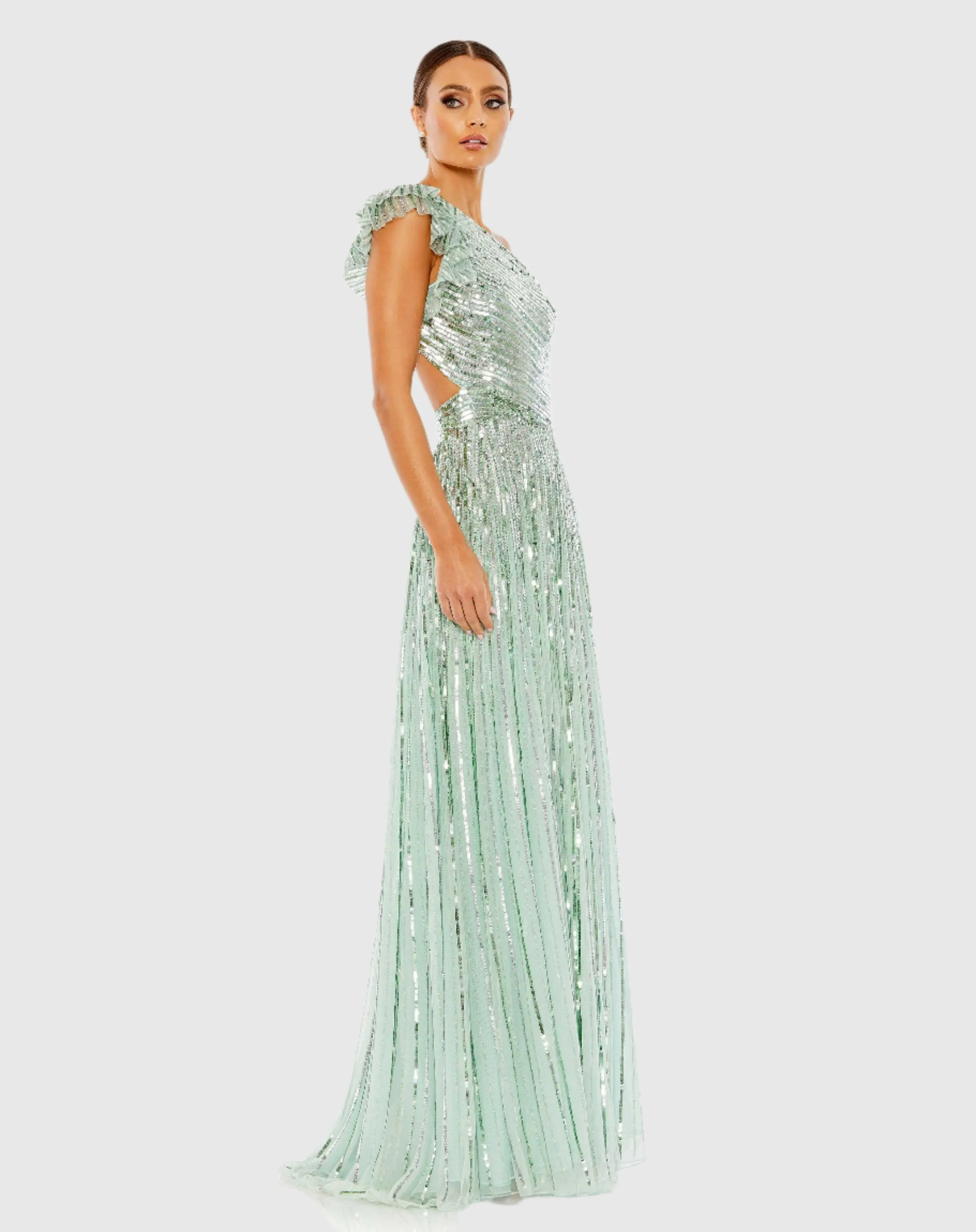 Light Green Sequined One Shoulder Flutter Sleeve A Line Gown