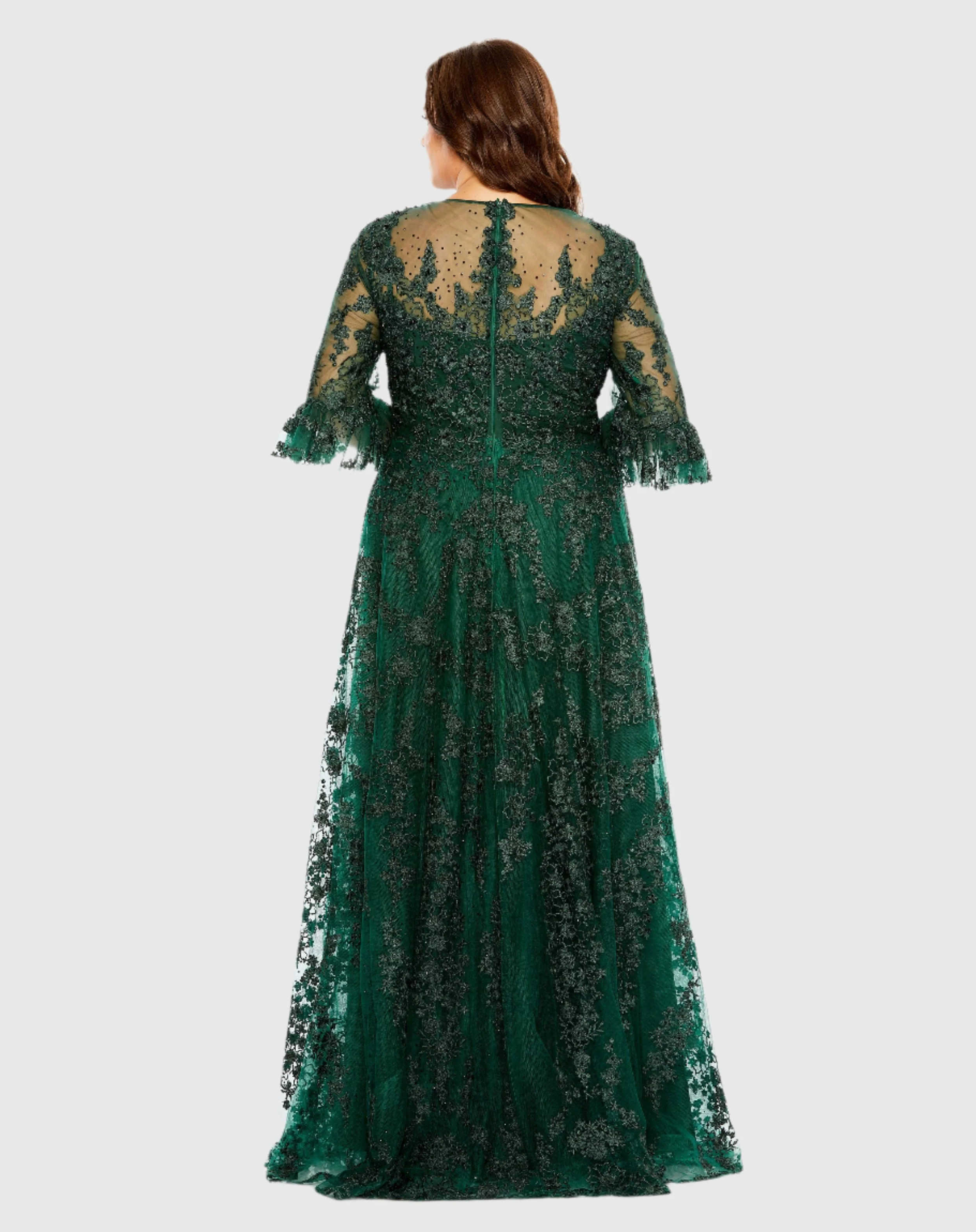 Green High Neck Flutter Sleeve Embroidered A Line Gown