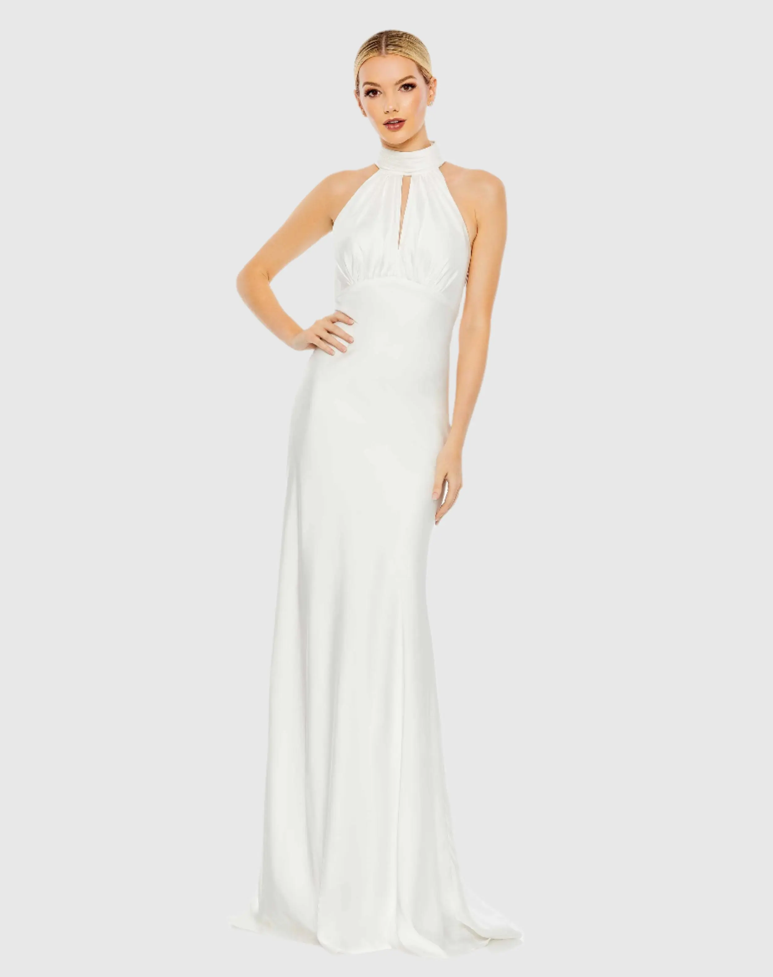 White Keyhole Halter Empire Waist Gown