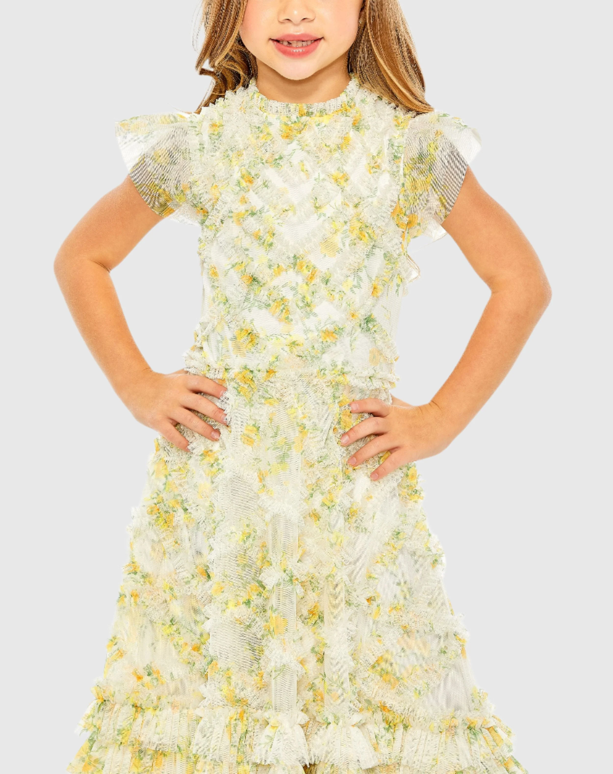 Yellow Girls High Neck Ruffle Tiered Mini Dress