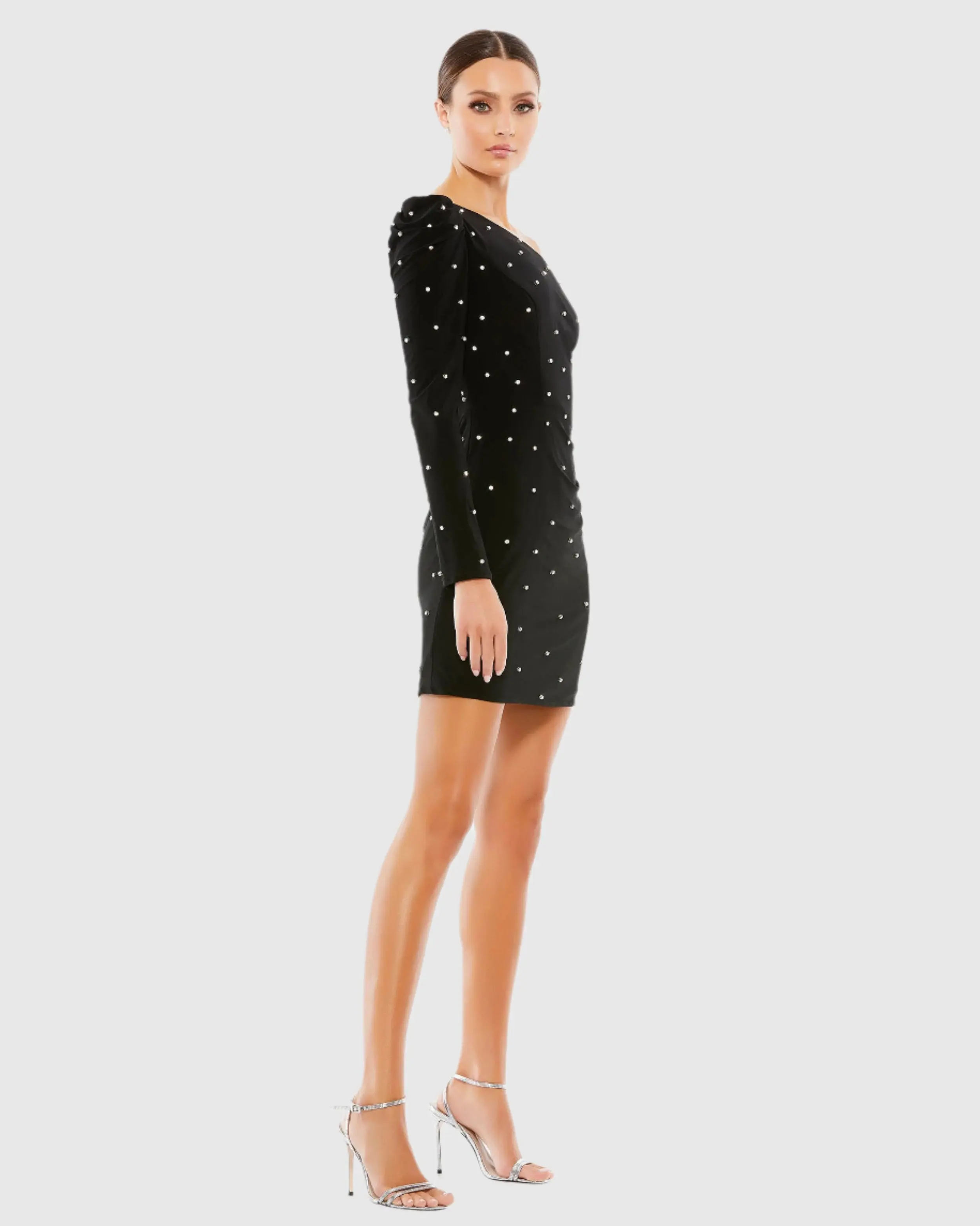 Rhinestone Encrusted One Shoulder Long Sleeve Mini Dress
