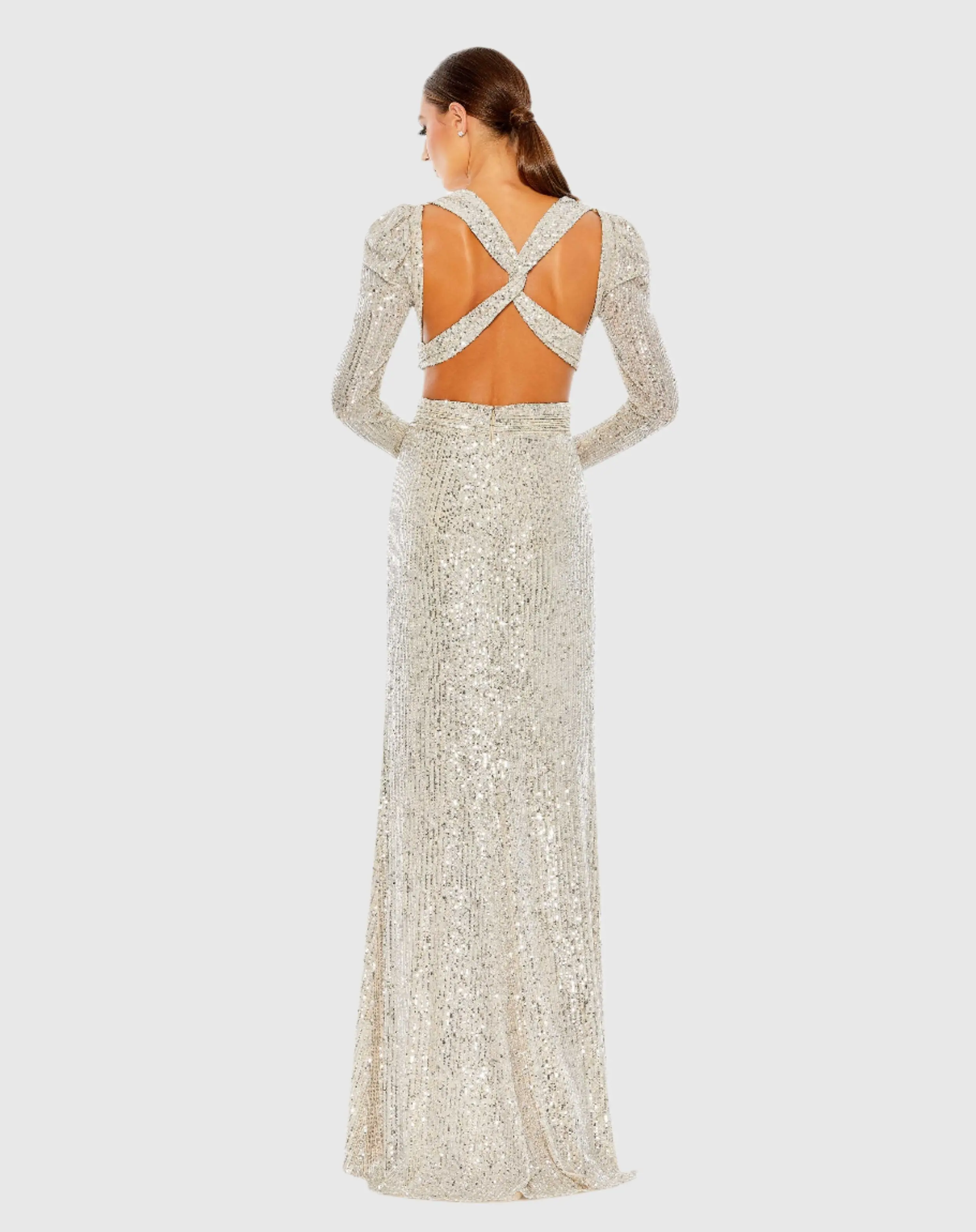 Silver Sequined Criss Cross Long Sleeve Gown