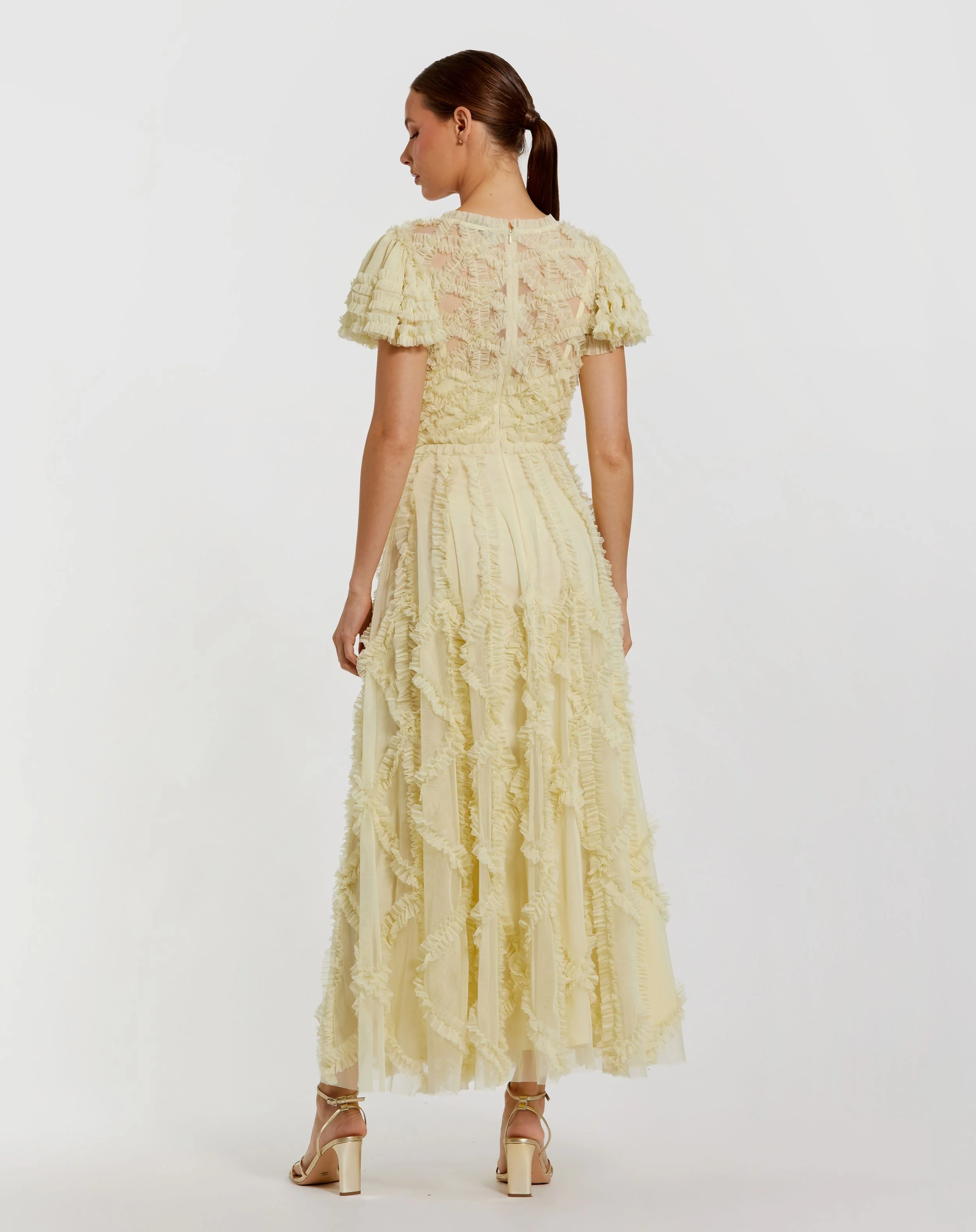 Yellow Solid Mesh Dotted Micro Ruffle High Neck Dress