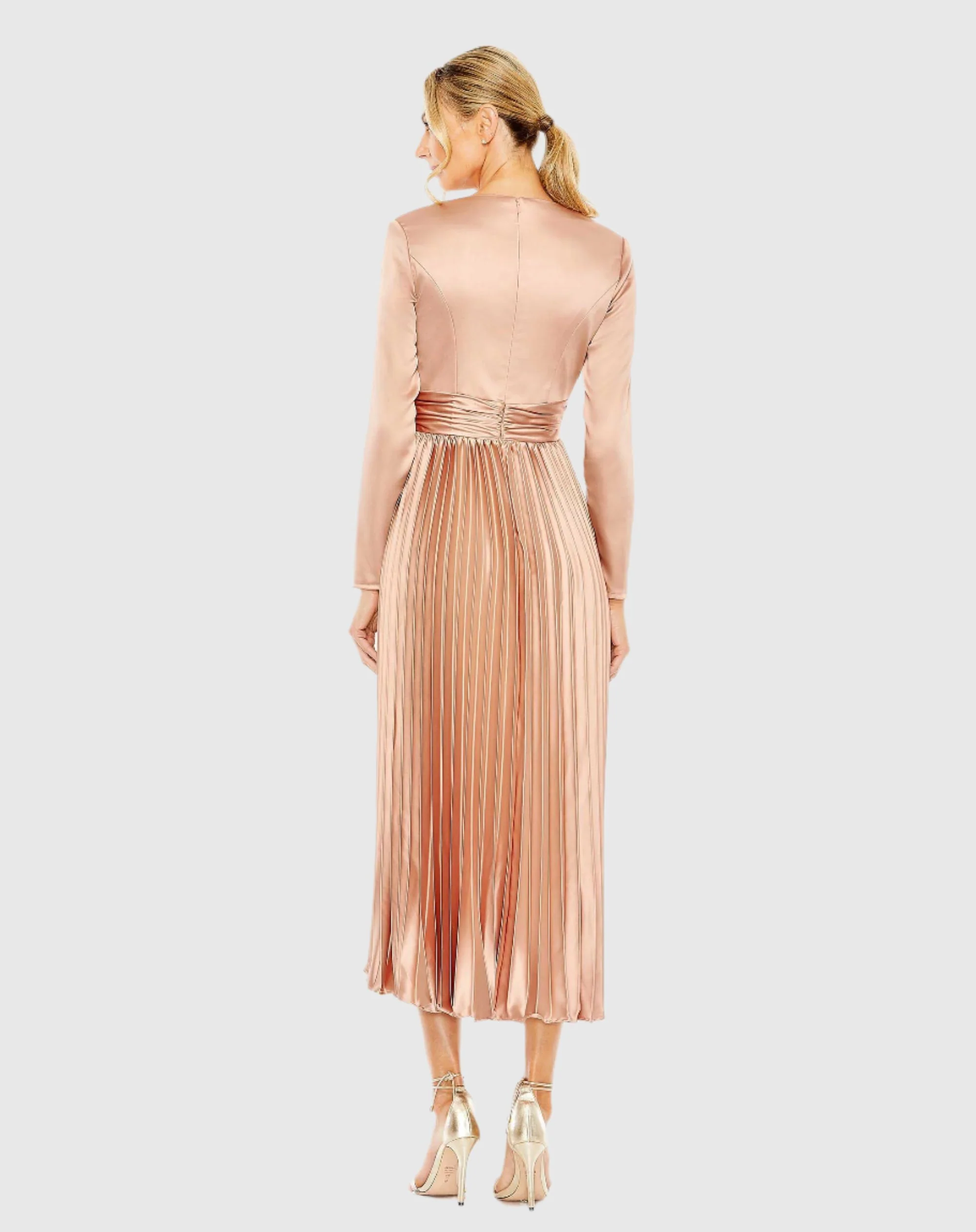 Pink Pleated Long Sleeve V-Neck Dress
