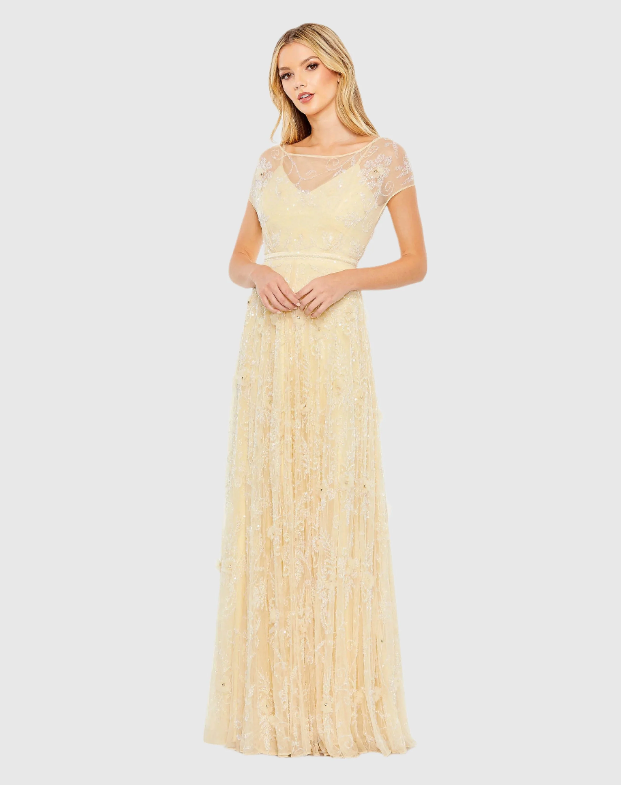 Yellow Embellished Illusion Cap Sleeve Gown