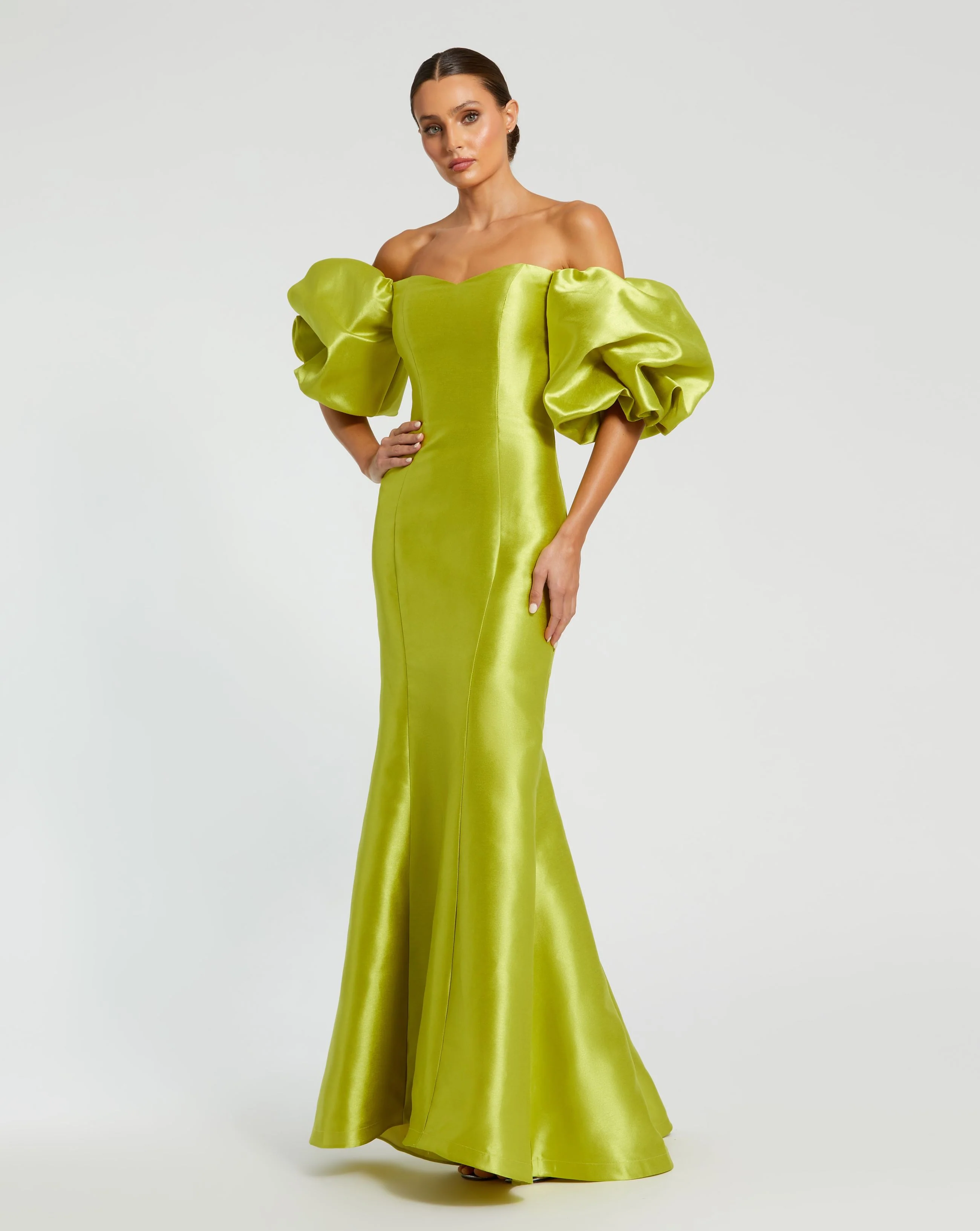 Green Sweetheart Off The Shoulder Puff Sleeve Gown
